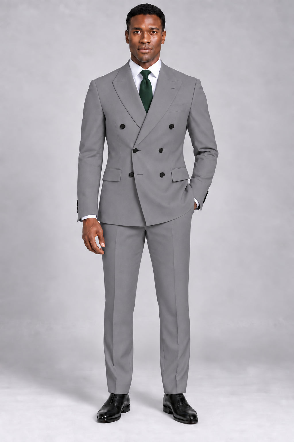 Men’s Silver Charcoal Double-Breasted Two-Piece Business & Wedding Suit