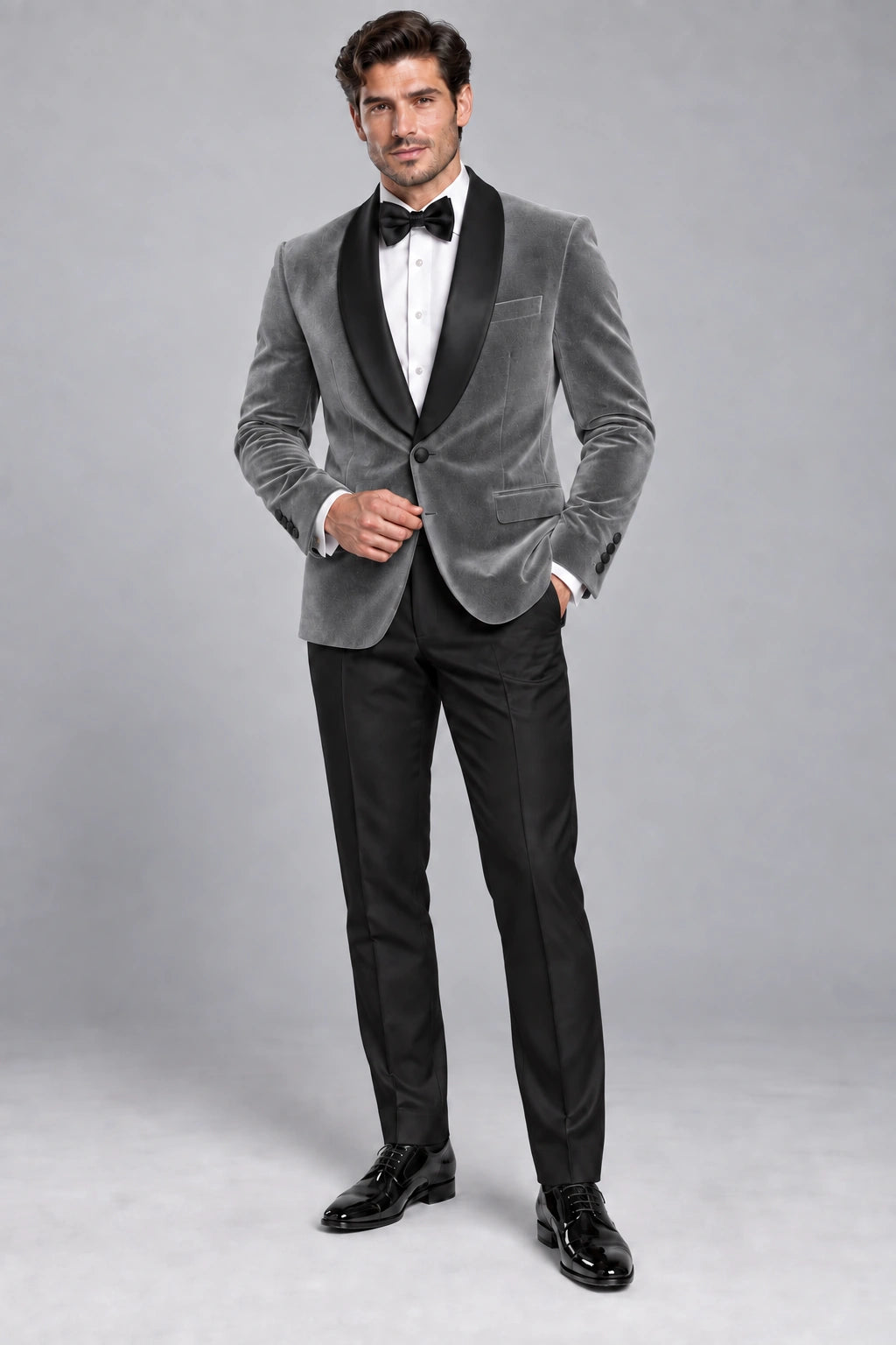 Men's Silver Grey Velvet Two-Piece Dinner Suit