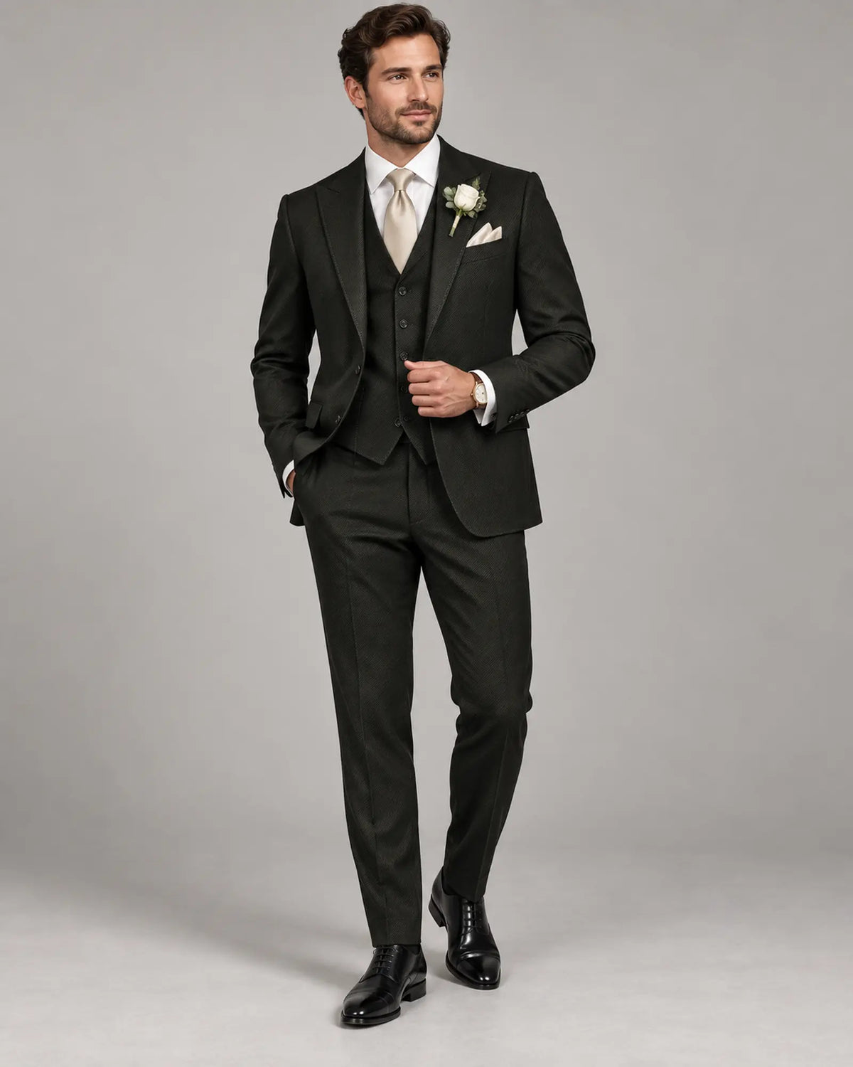 Men’s Black Olive Three-Piece Wedding Suit