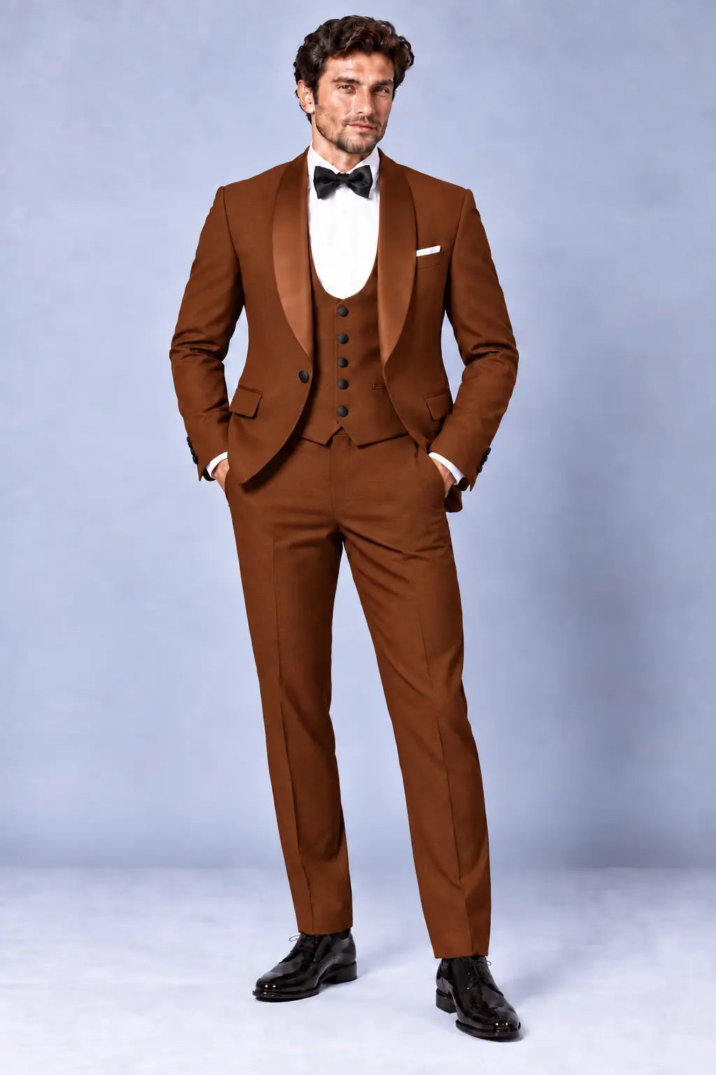 Men’s Burnished Copper Three-Piece Shawl-Lapel Dinner Tuxedo