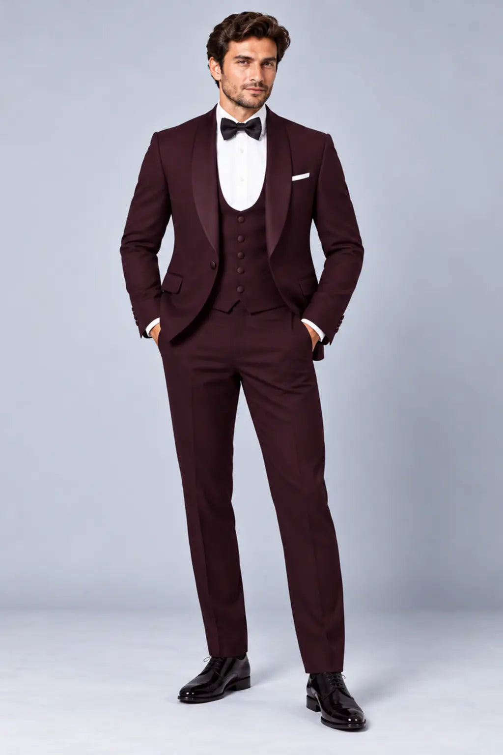 Men’s Deep Wine Burgundy Three-Piece Shawl-Lapel Dinner Tuxedo