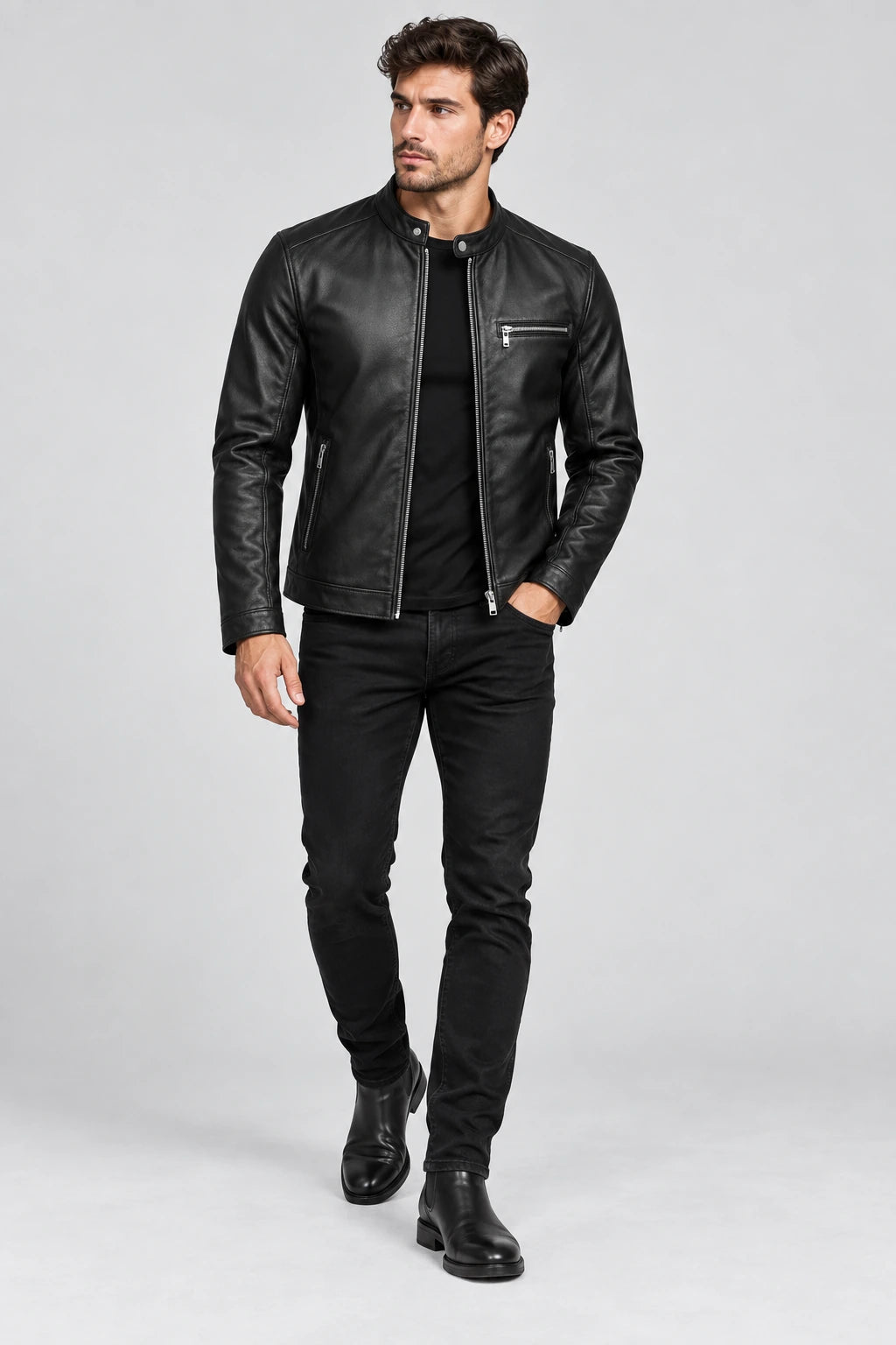 Men's Black Cafe Racer Leather Jacket