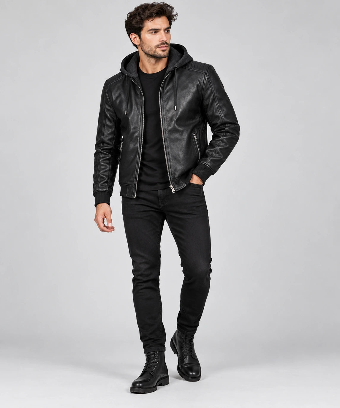 Men's Black Hooded Leather Jacket