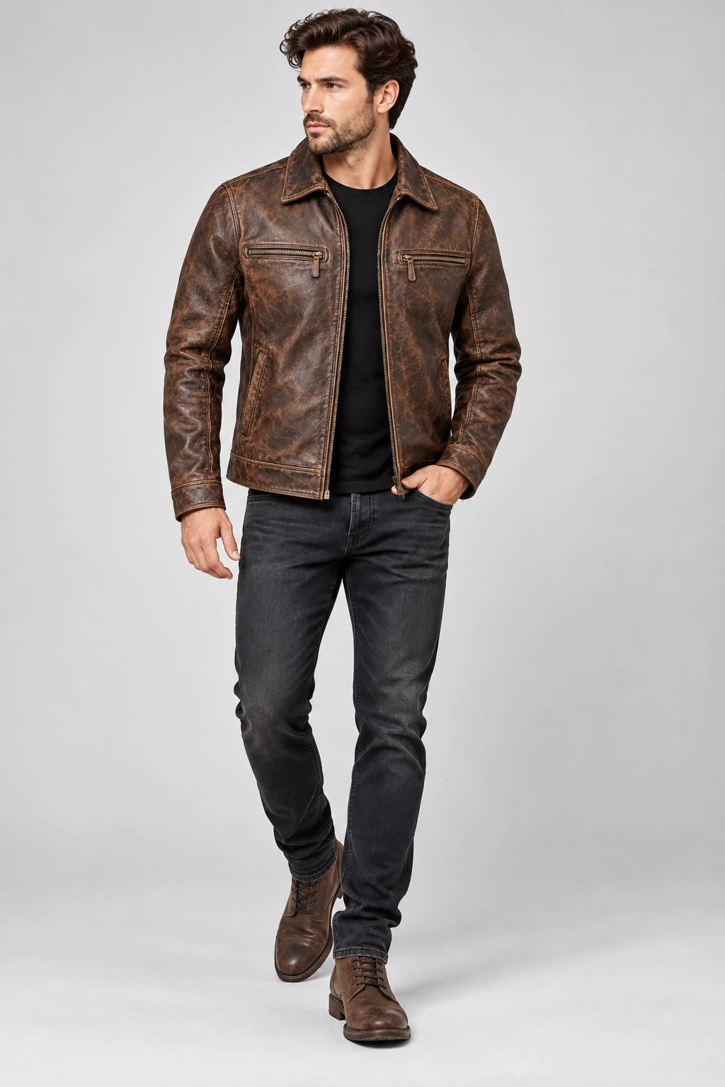 Men's Vintage Distressed Brown Leather Jacket