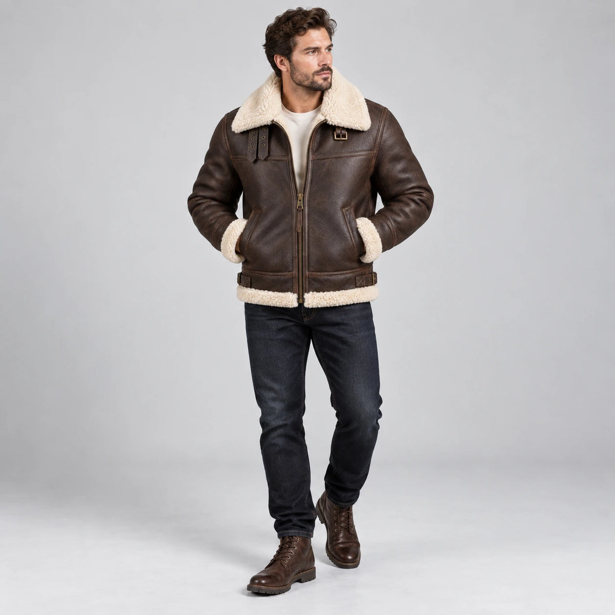 Men's Brown Aviator Shearling Collar Leather Jacket