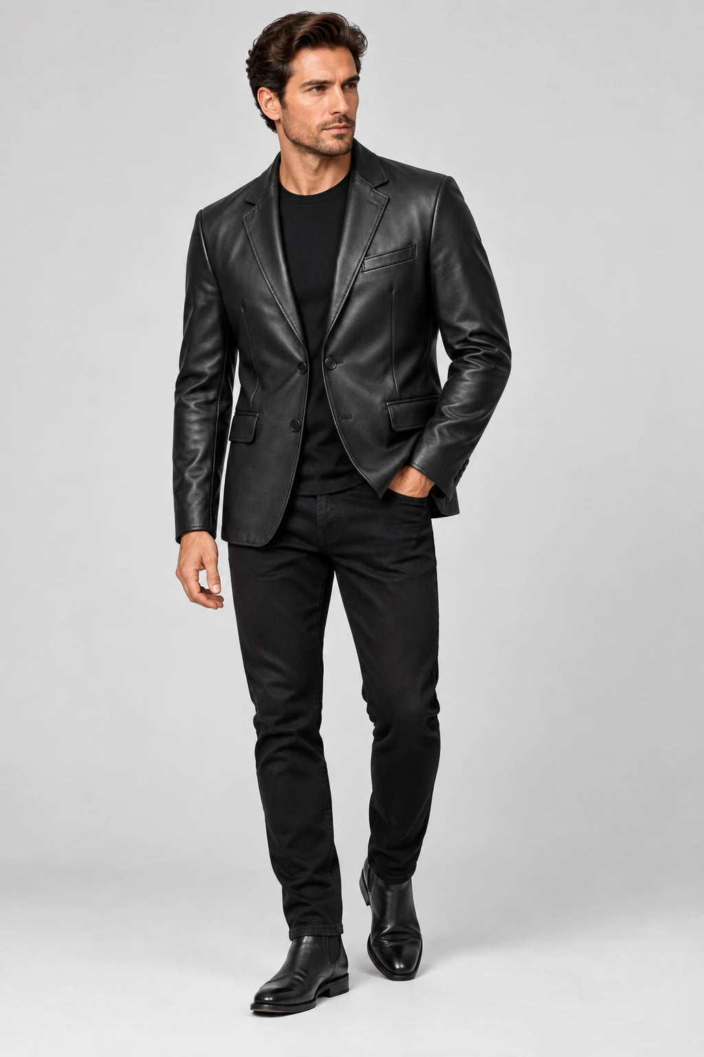 Men's Black Leather Blazer Jacket
