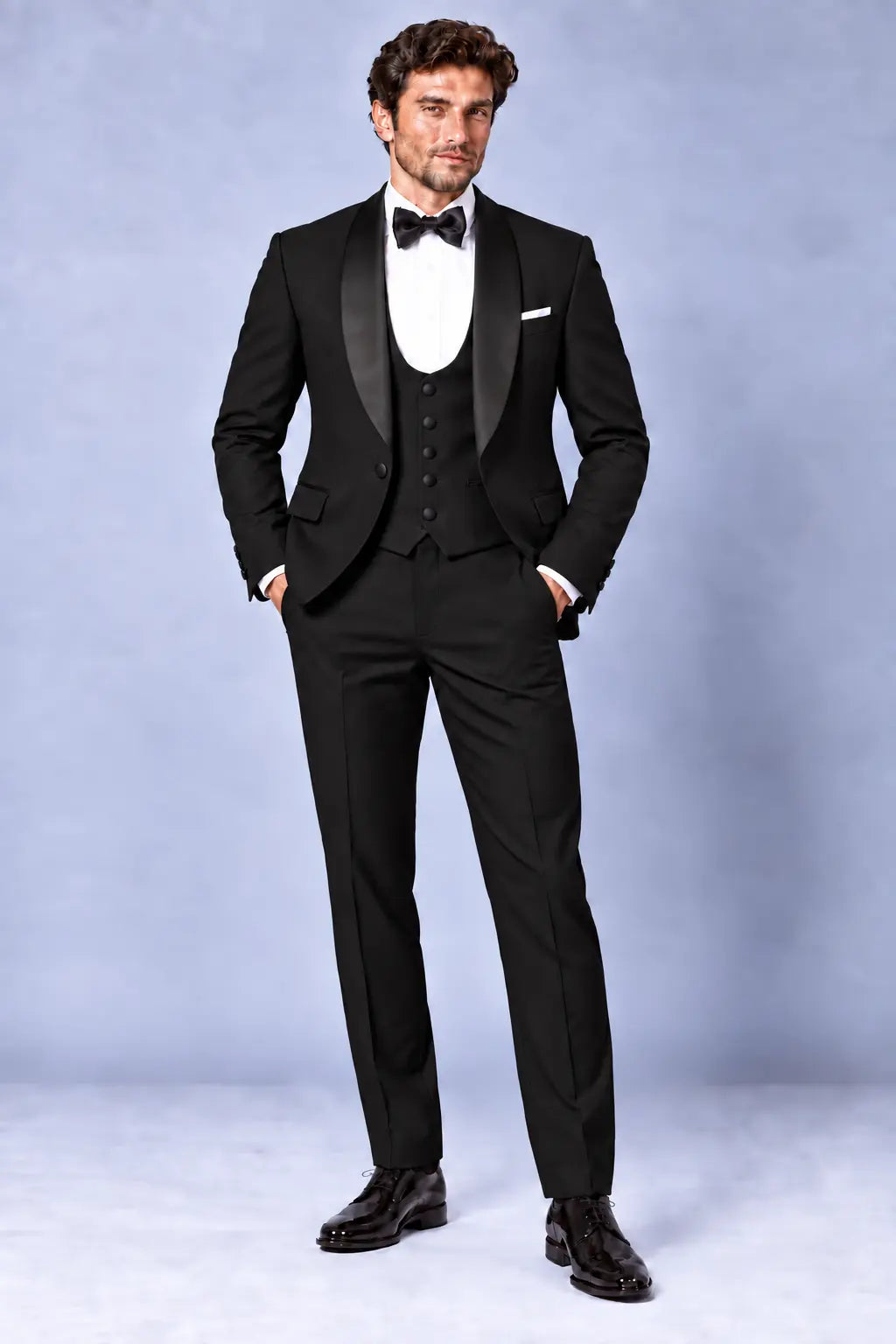Men’s Jet Black Three-Piece Shawl-Lapel Dinner Tuxedo