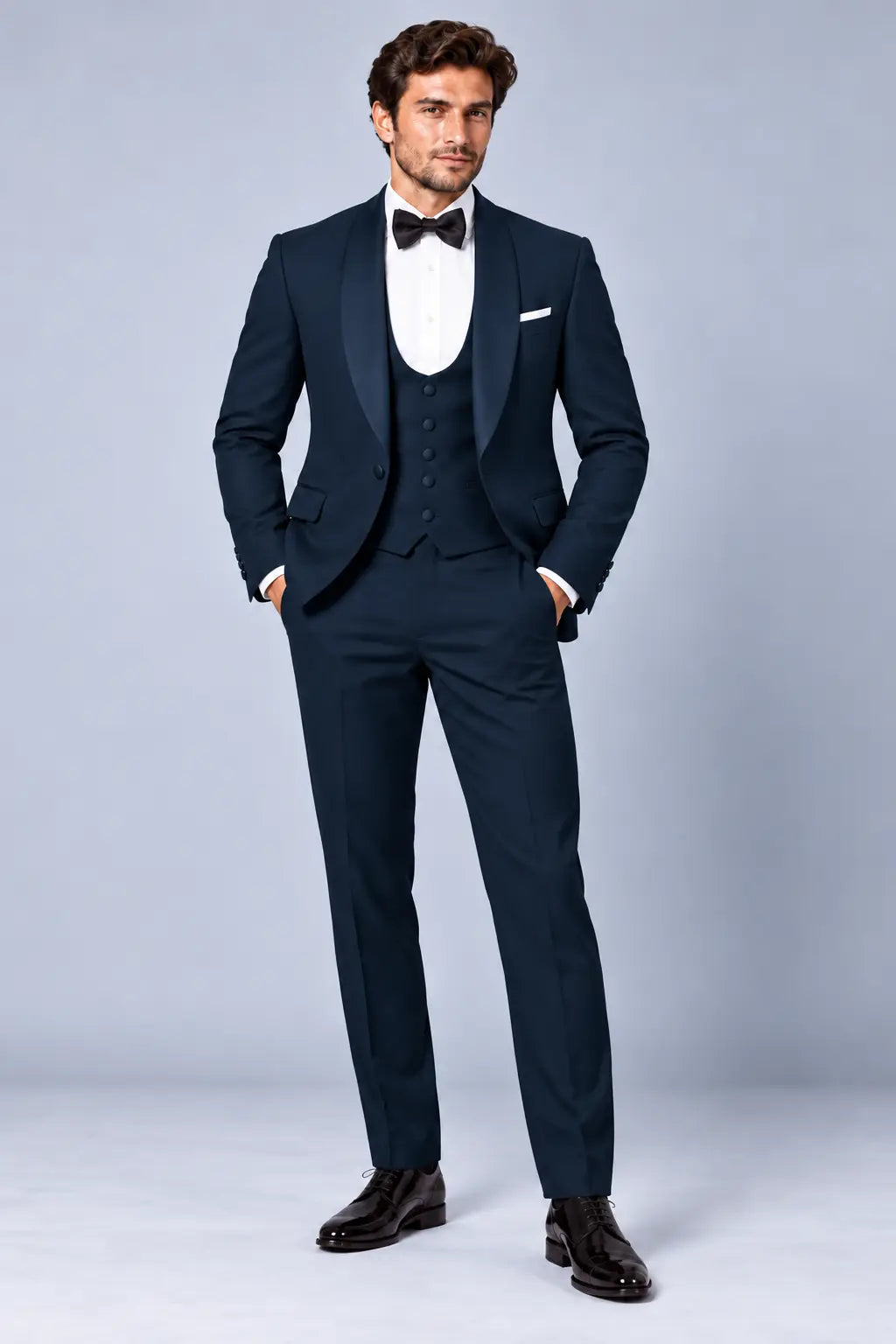 Men’s Midnight Petrol Navy Three-Piece Shawl-Lapel Dinner Tuxedo