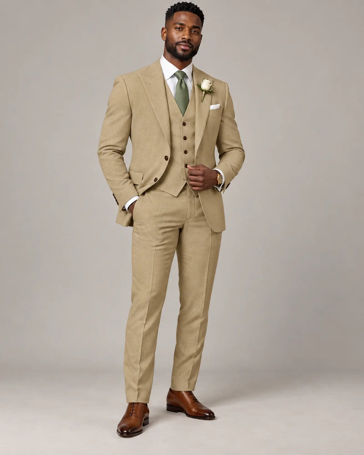 Men’s Sandstone Beige Three-Piece Wedding Suit