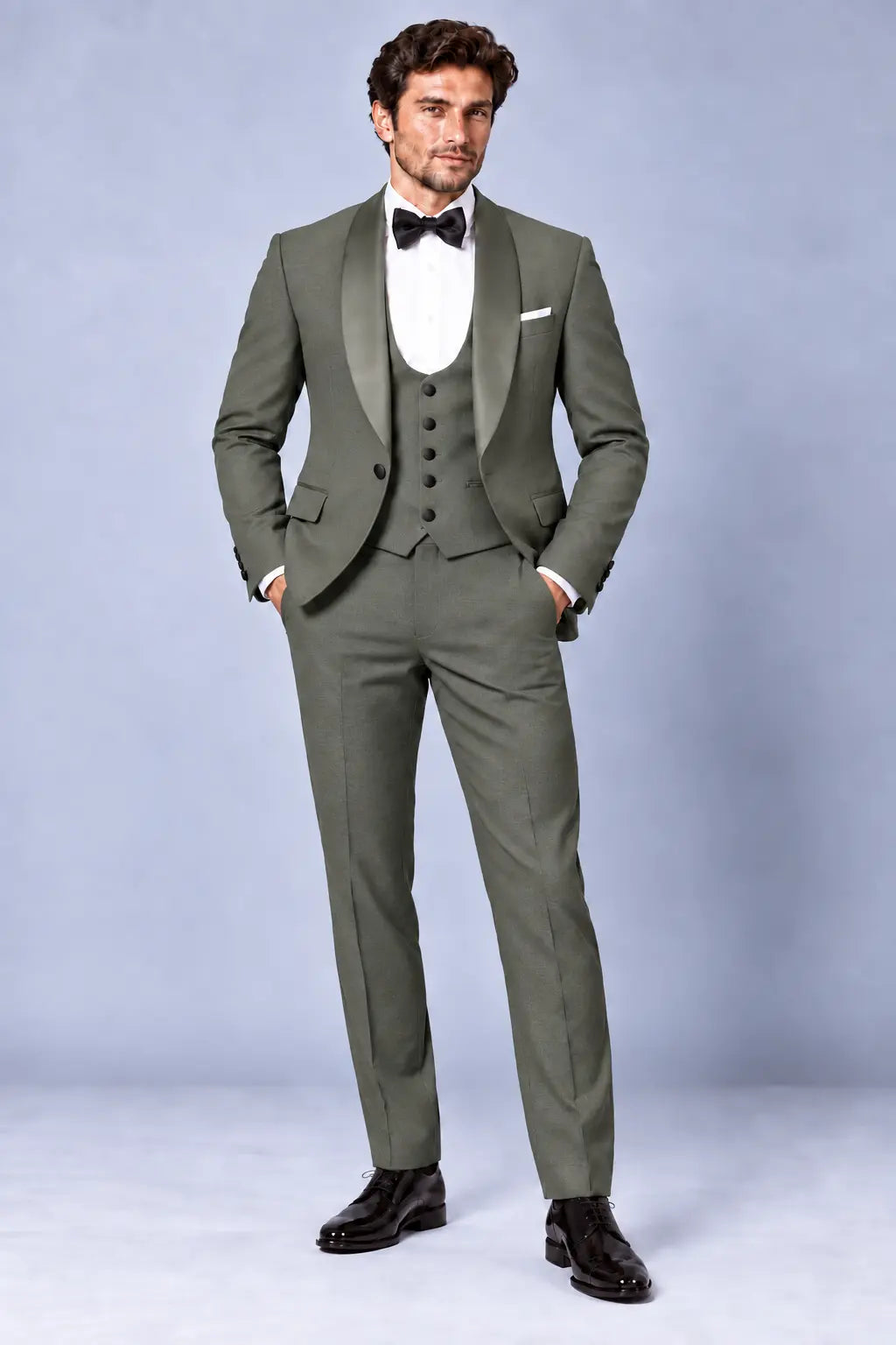 Men’s Smoked Sage Grey Three-Piece Shawl-Lapel Dinner Tuxedo