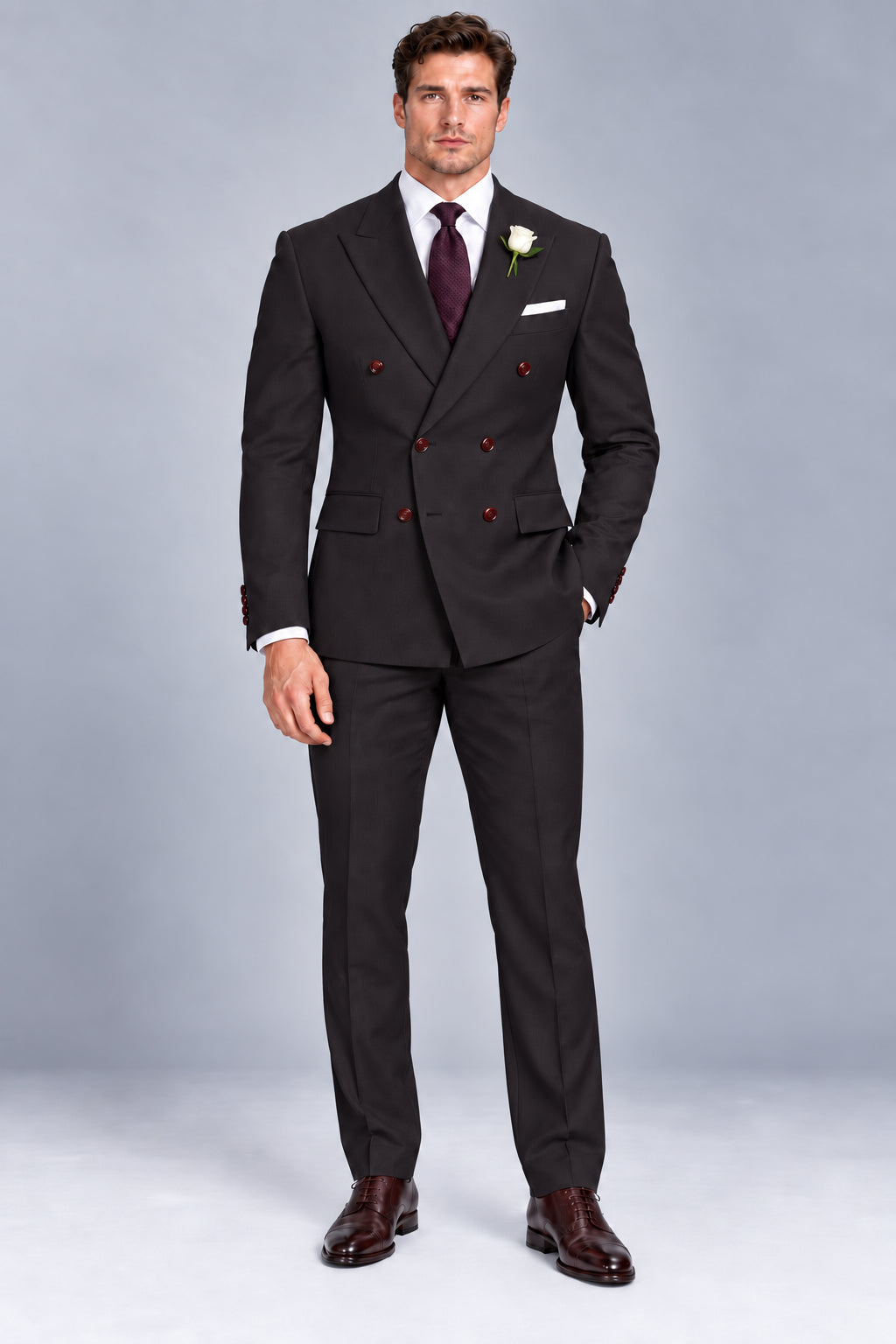 Men’s Plum Charcoal Double-Breasted Two-Piece Business & Wedding Suit