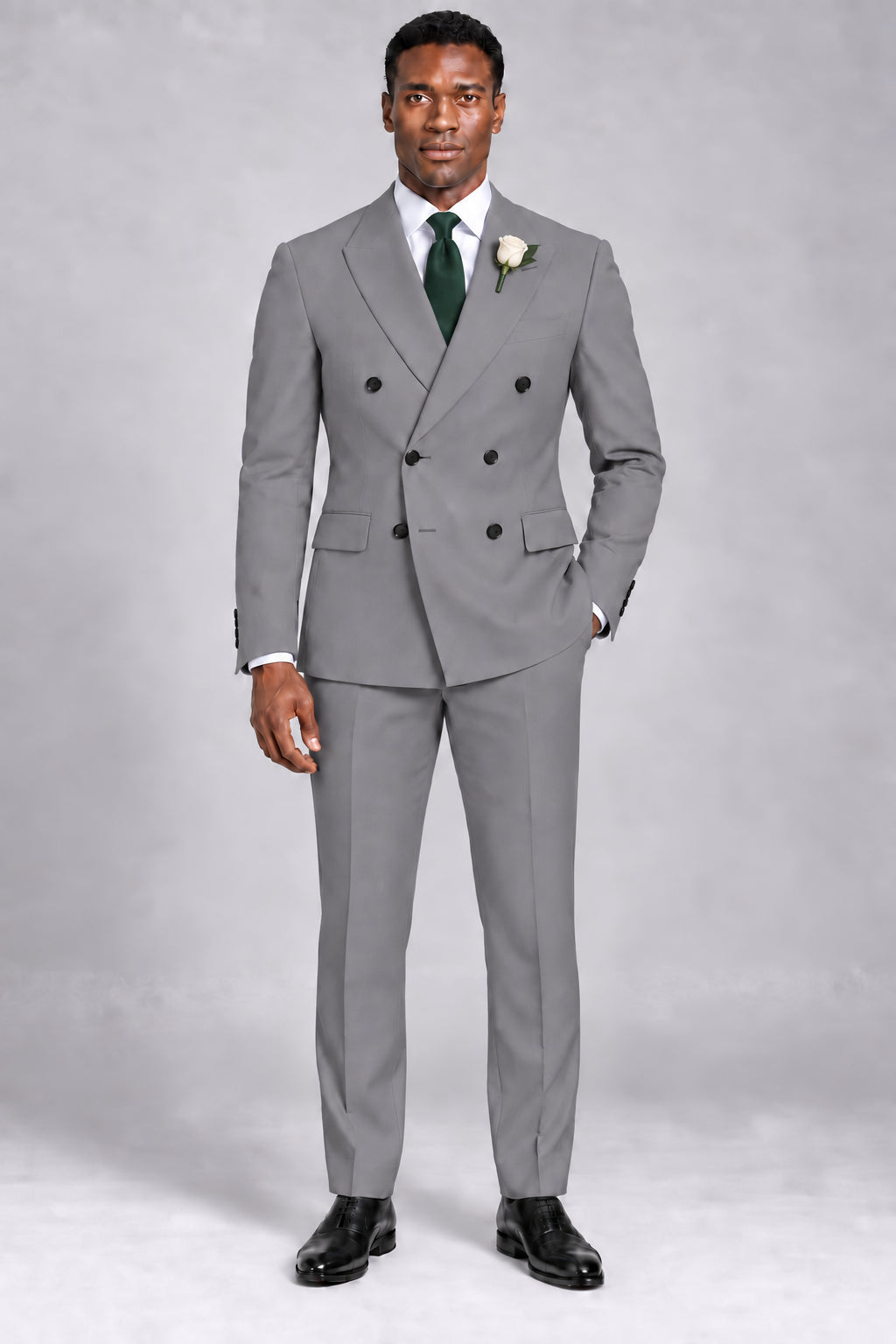 Men’s Silver Charcoal Double-Breasted Two-Piece Business & Wedding Suit
