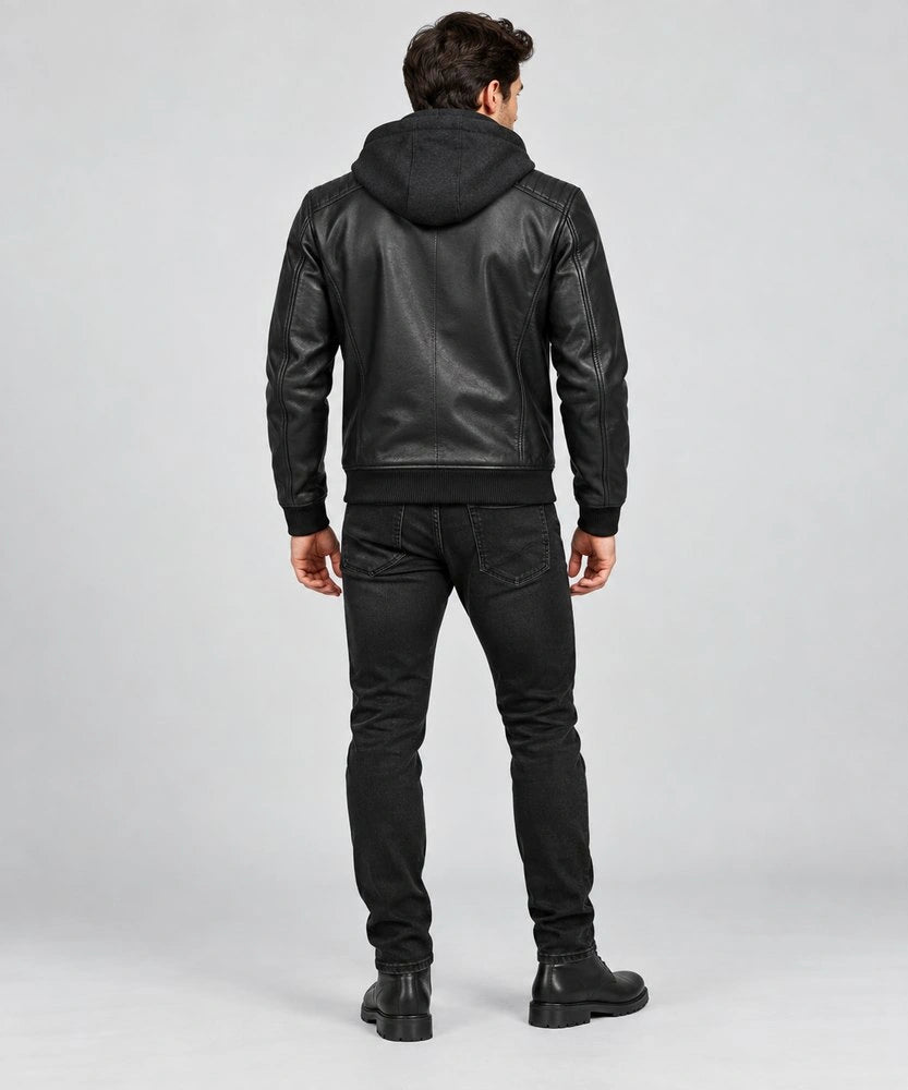 Men's Black Hooded Leather Jacket