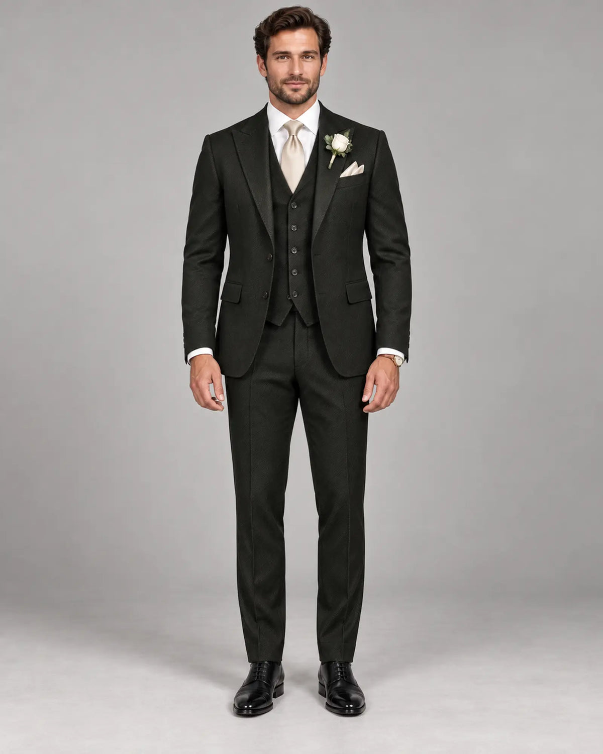 Men’s Black Olive Three-Piece Wedding Suit