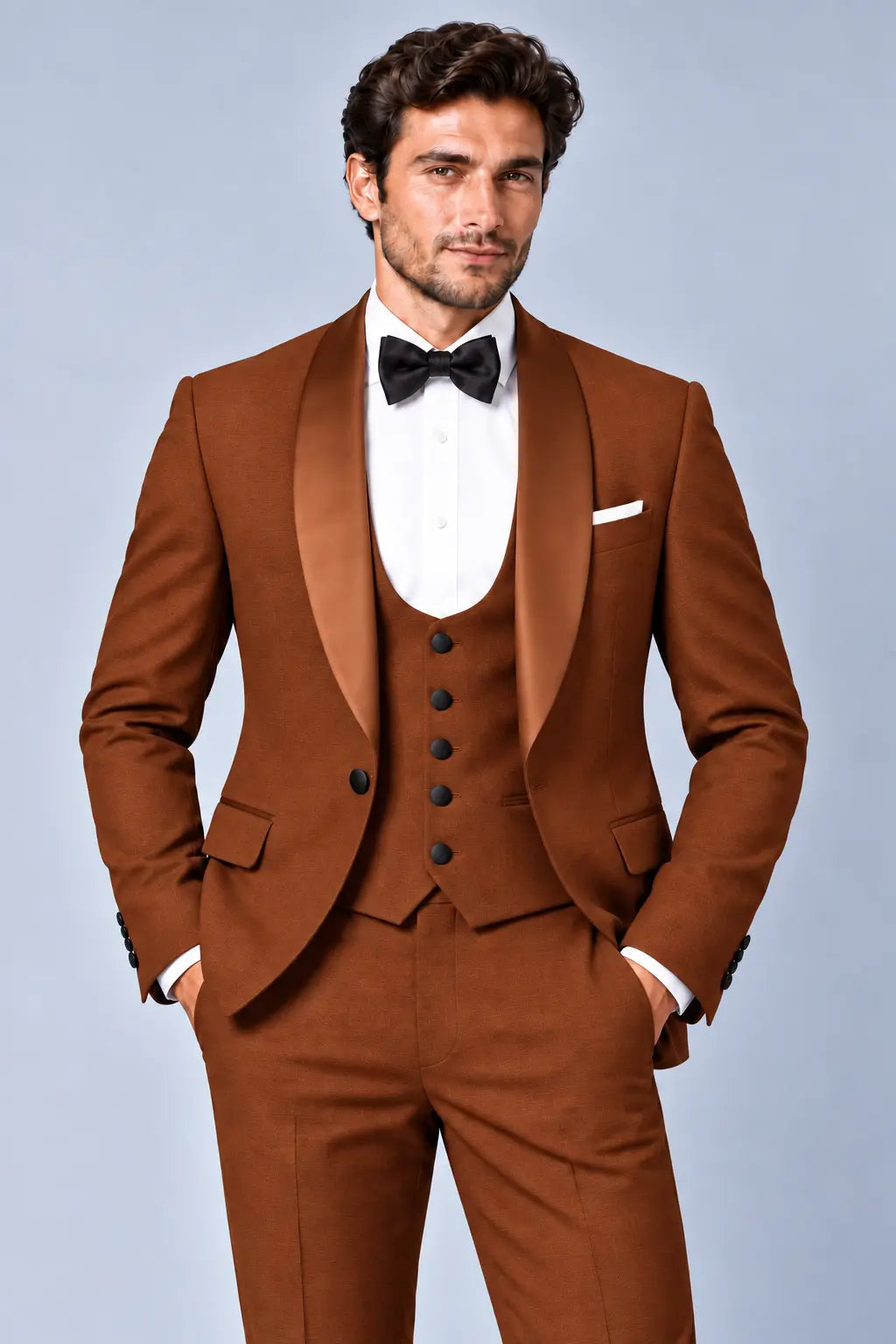 Men’s Burnished Copper Three-Piece Shawl-Lapel Dinner Tuxedo
