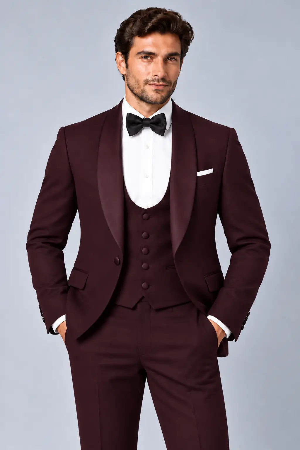 Men’s Deep Wine Burgundy Three-Piece Shawl-Lapel Dinner Tuxedo