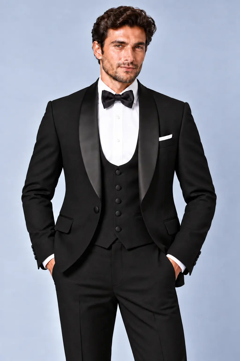 Men’s Jet Black Three-Piece Shawl-Lapel Dinner Tuxedo
