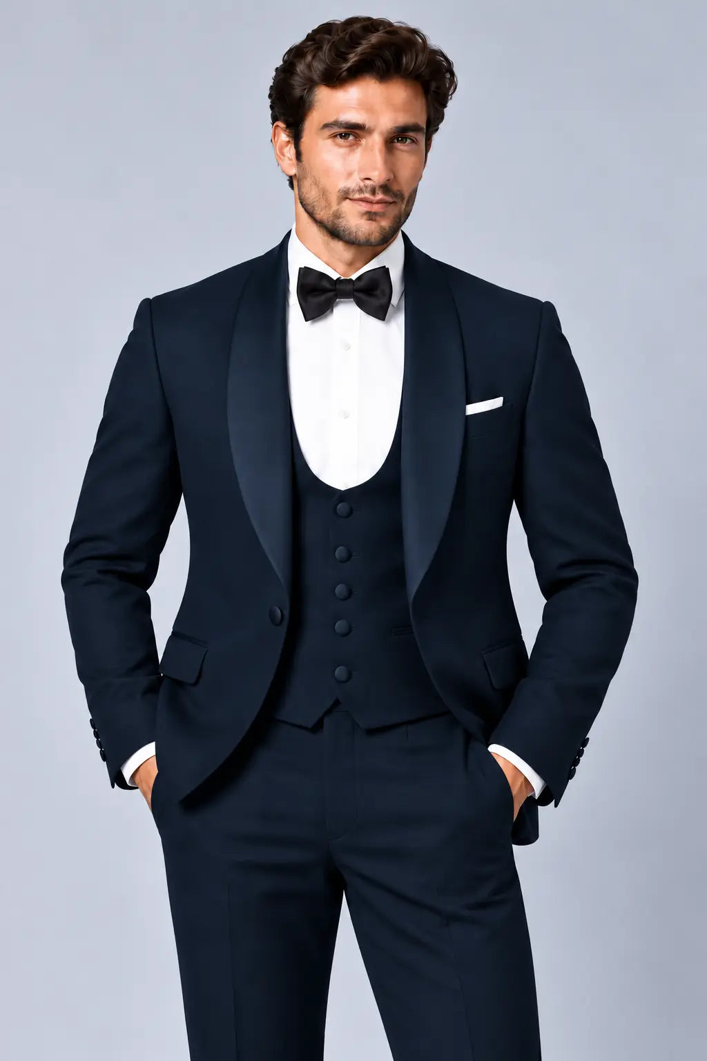 Men’s Midnight Petrol Navy Three-Piece Shawl-Lapel Dinner Tuxedo