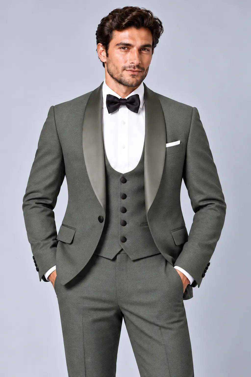 Men’s Smoked Sage Grey Three-Piece Shawl-Lapel Dinner Tuxedo