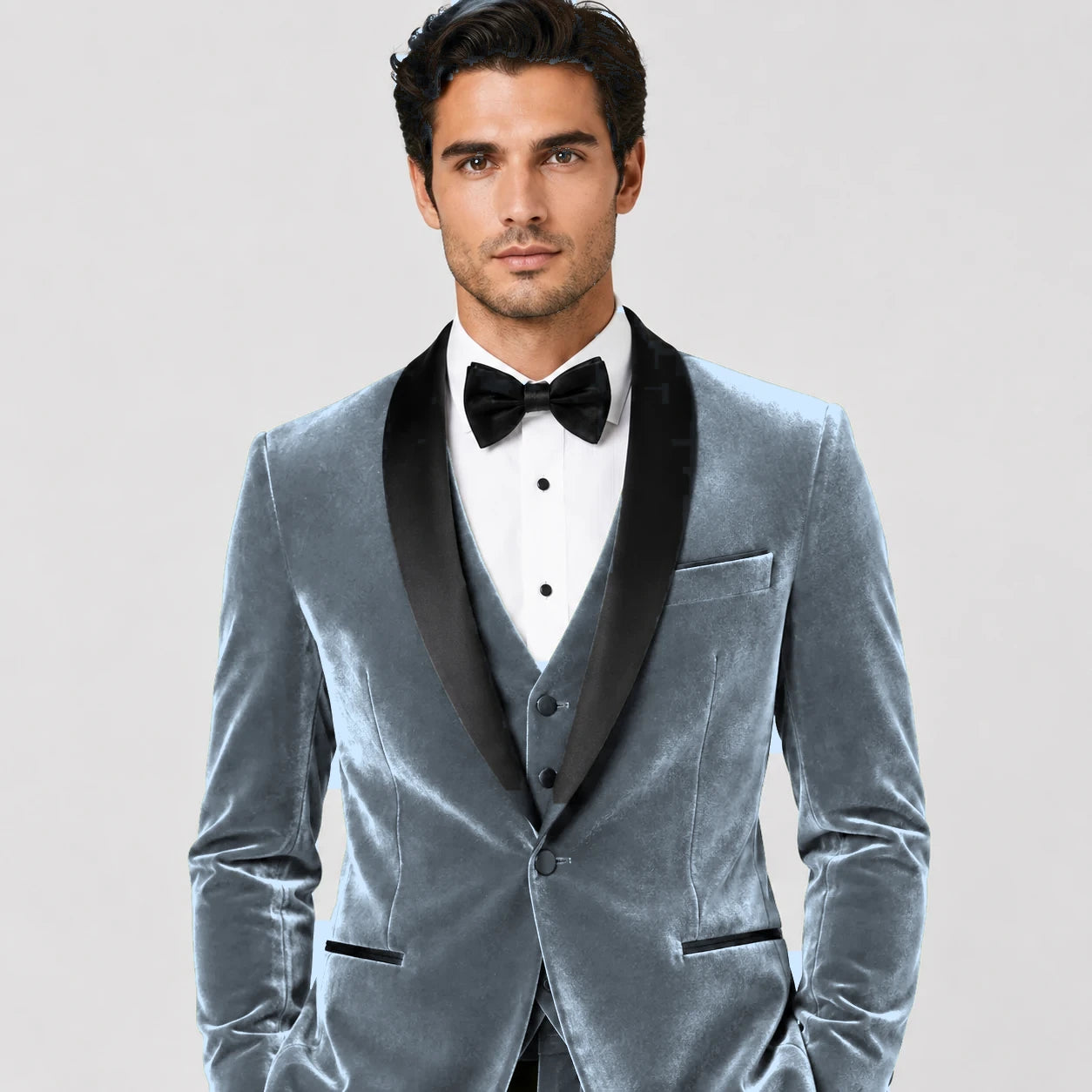 Dusty Blue Velvet Tuxedo – 3-Piece Tailored Fit | VogueNThreads
