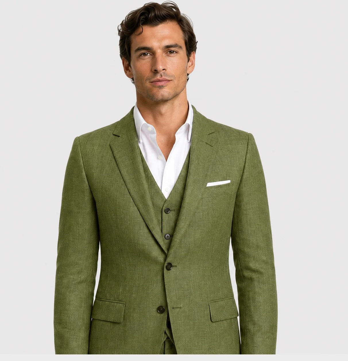 Olive Green Linen Wedding Suit – 3-Piece Tailored Fit | VogueNThreads