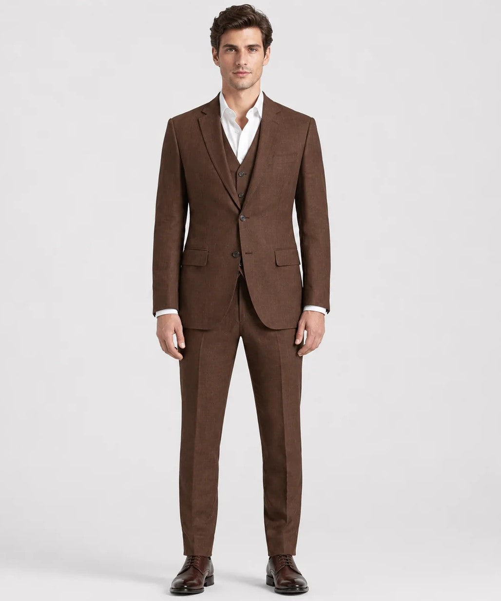 Chocolate Brown Linen Wedding Suit – 3-Piece Style | VogueNThreads