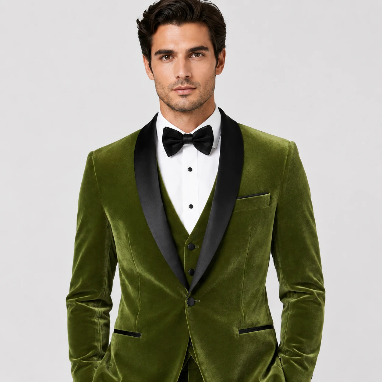 Olive Green Velvet Tuxedo – 3-Piece Tailored Fit | VogueNThreads