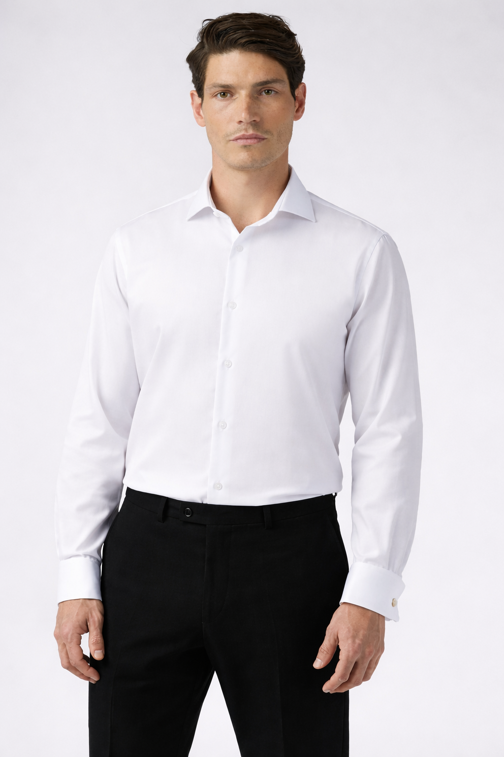 Tailored Fit White Non-Iron Stretch Double Cuff Shirt-shirts-VogueNThreads