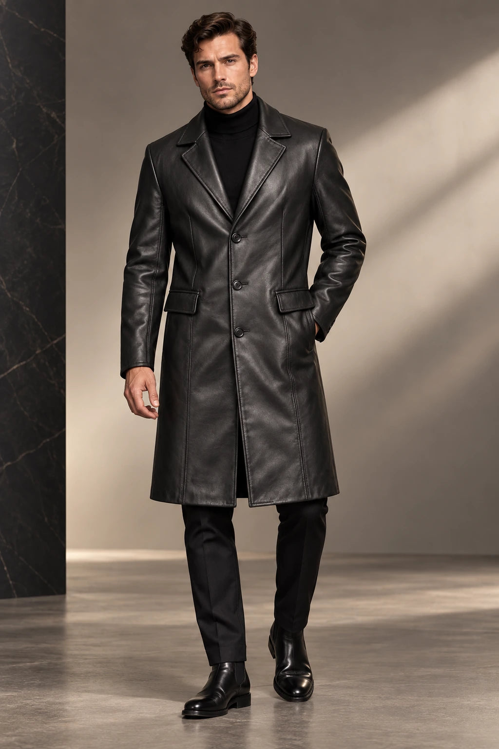 Men's Long Black Leather Coat