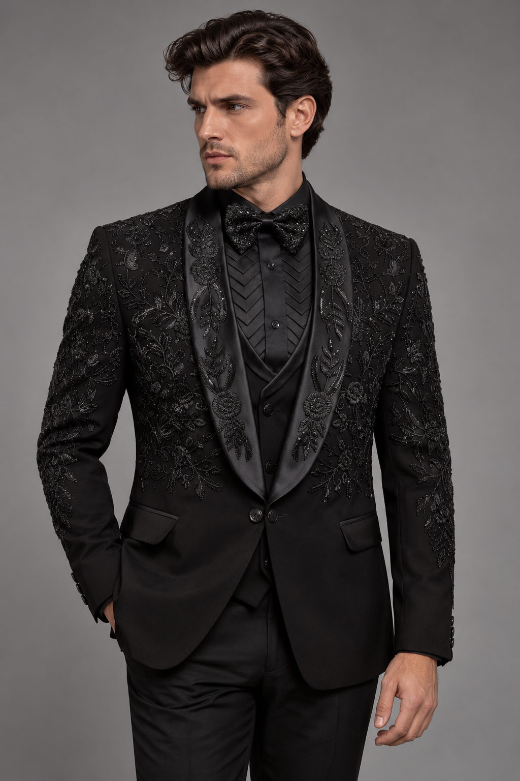 Tonal Floral Embroidered Three-Piece Suit