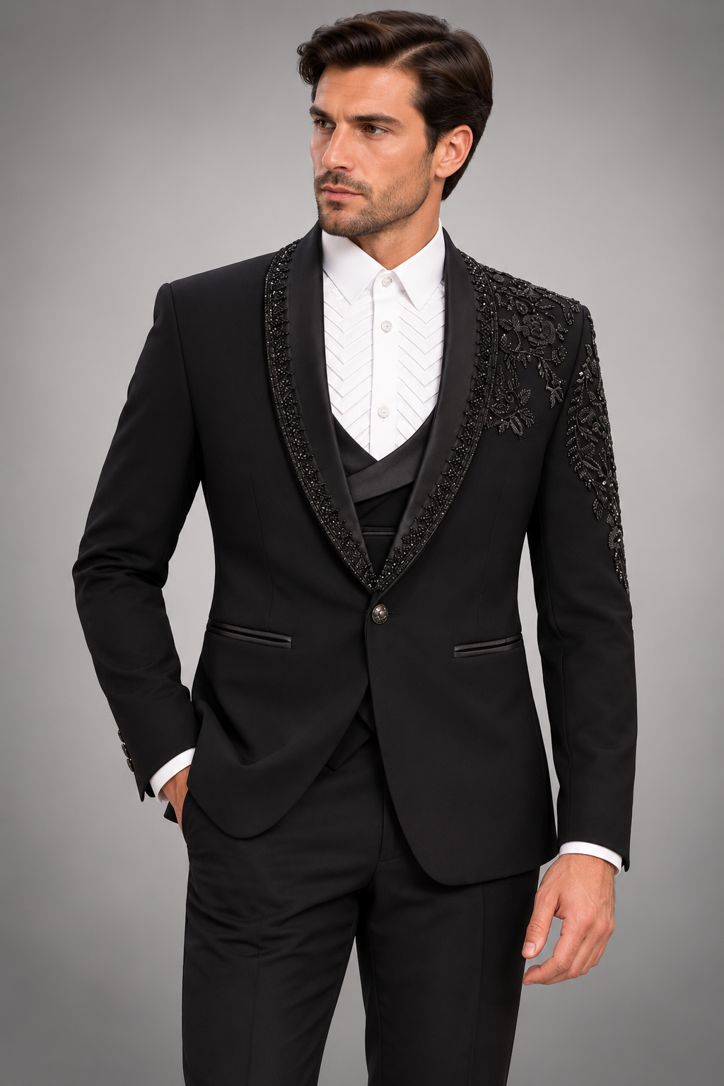 Black 2 Tonal Floral Embroidered Three-Piece Suit
