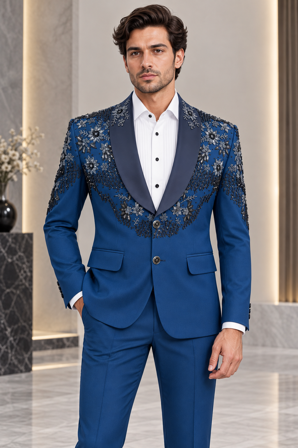 Royal Blue Floral Embroidered Three-Piece Suit