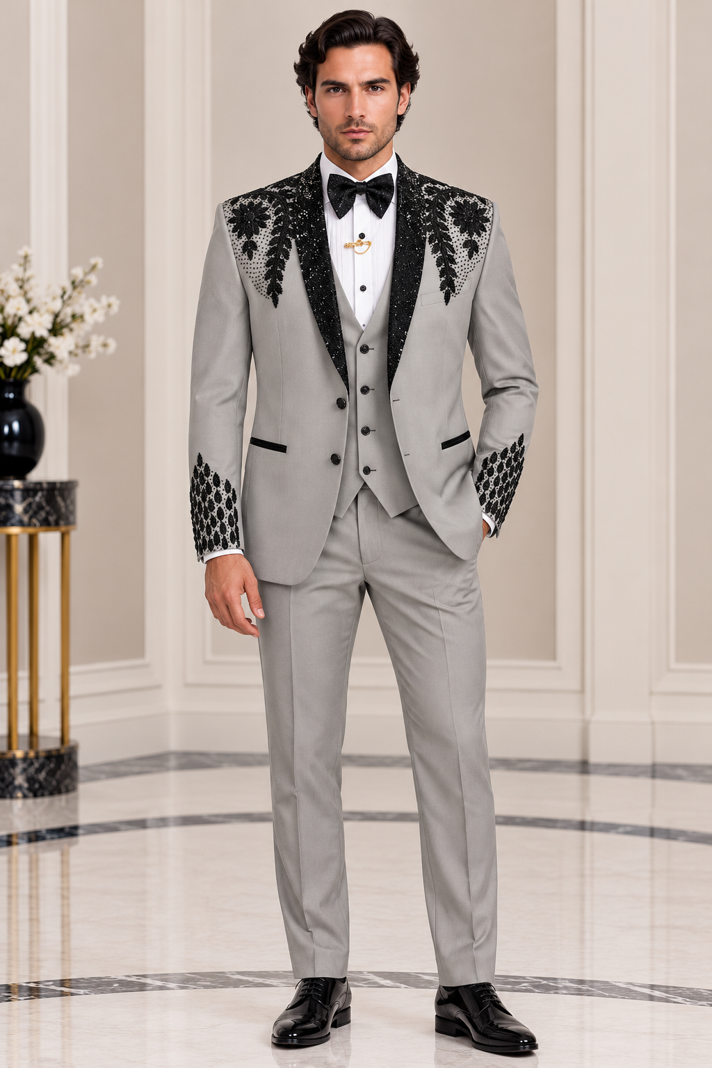 Grey Black Botanical Embroidered Three-Piece Suit