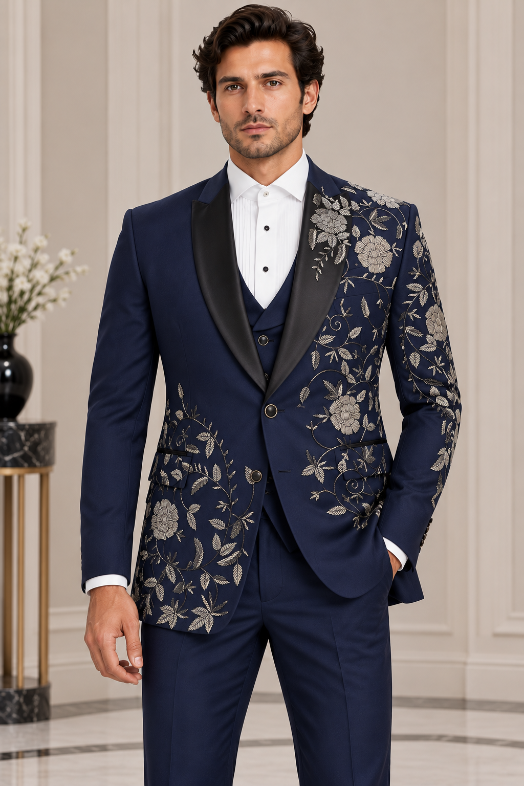 Navy Blue 1 Asymmetric Floral Embroidered Three-Piece Suit