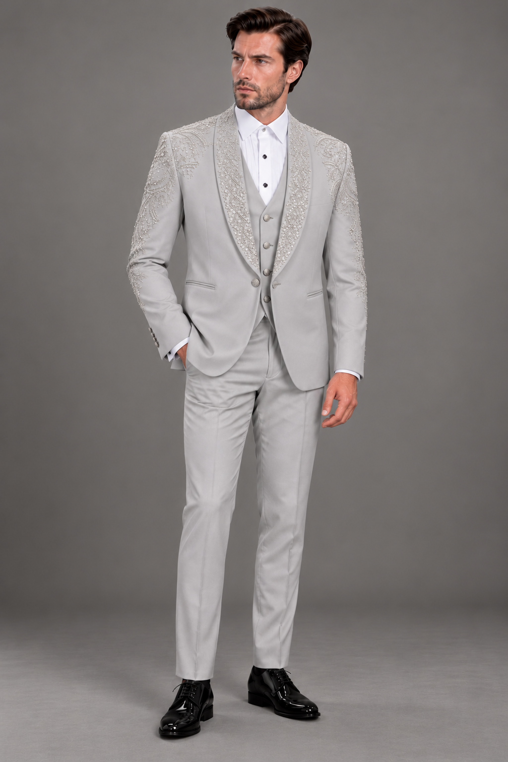 Silver Floral Embroidered Three-Piece Suit