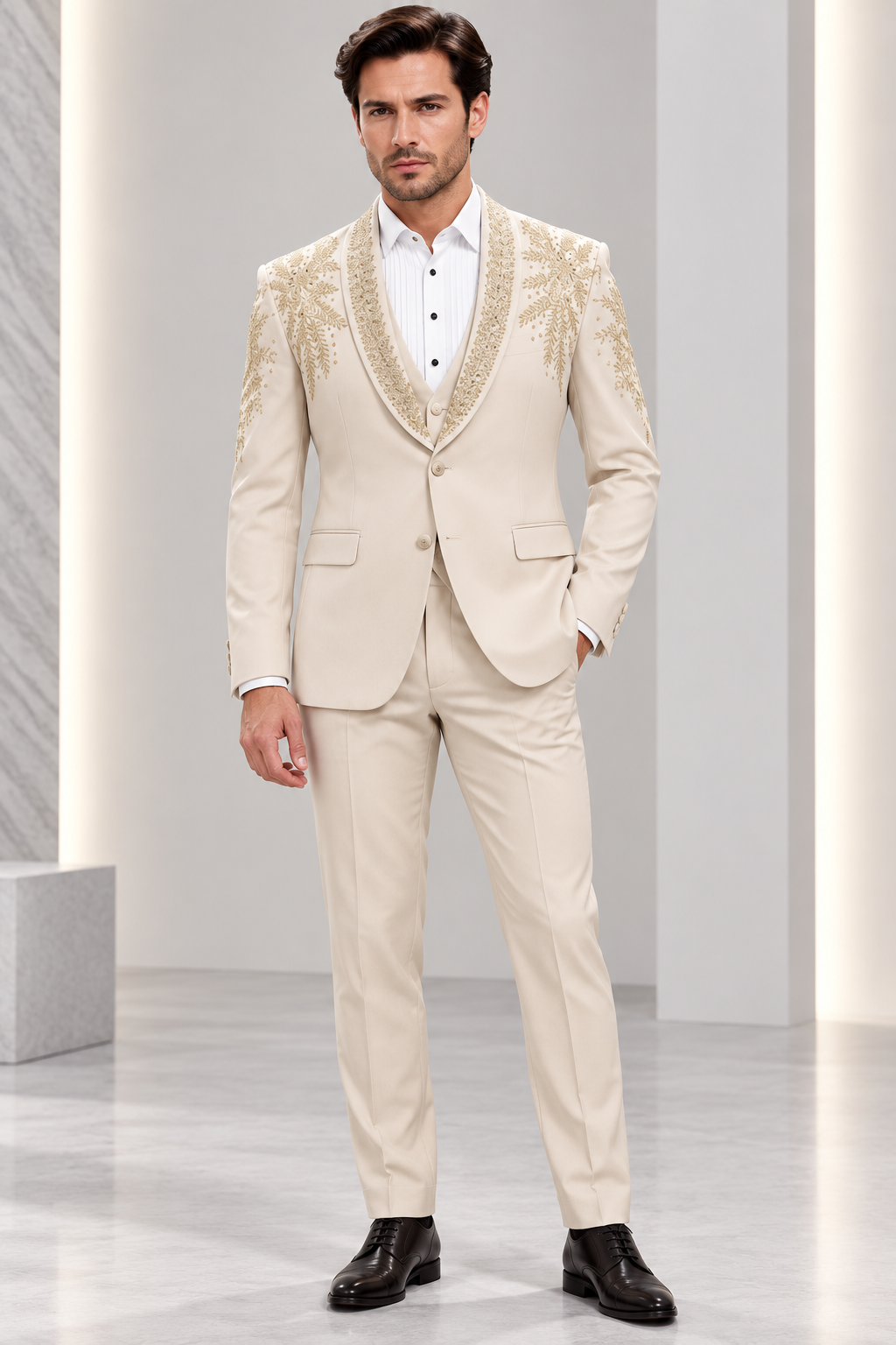 Ivory Cream Botanical Embroidered Three-Piece Suit