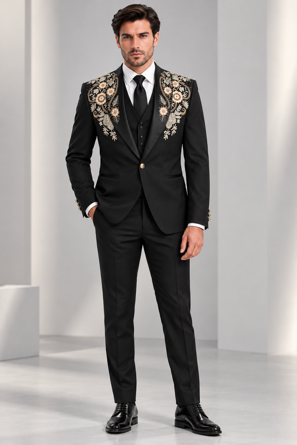 Black 3 Gold Floral Embroidered Three-Piece Suit