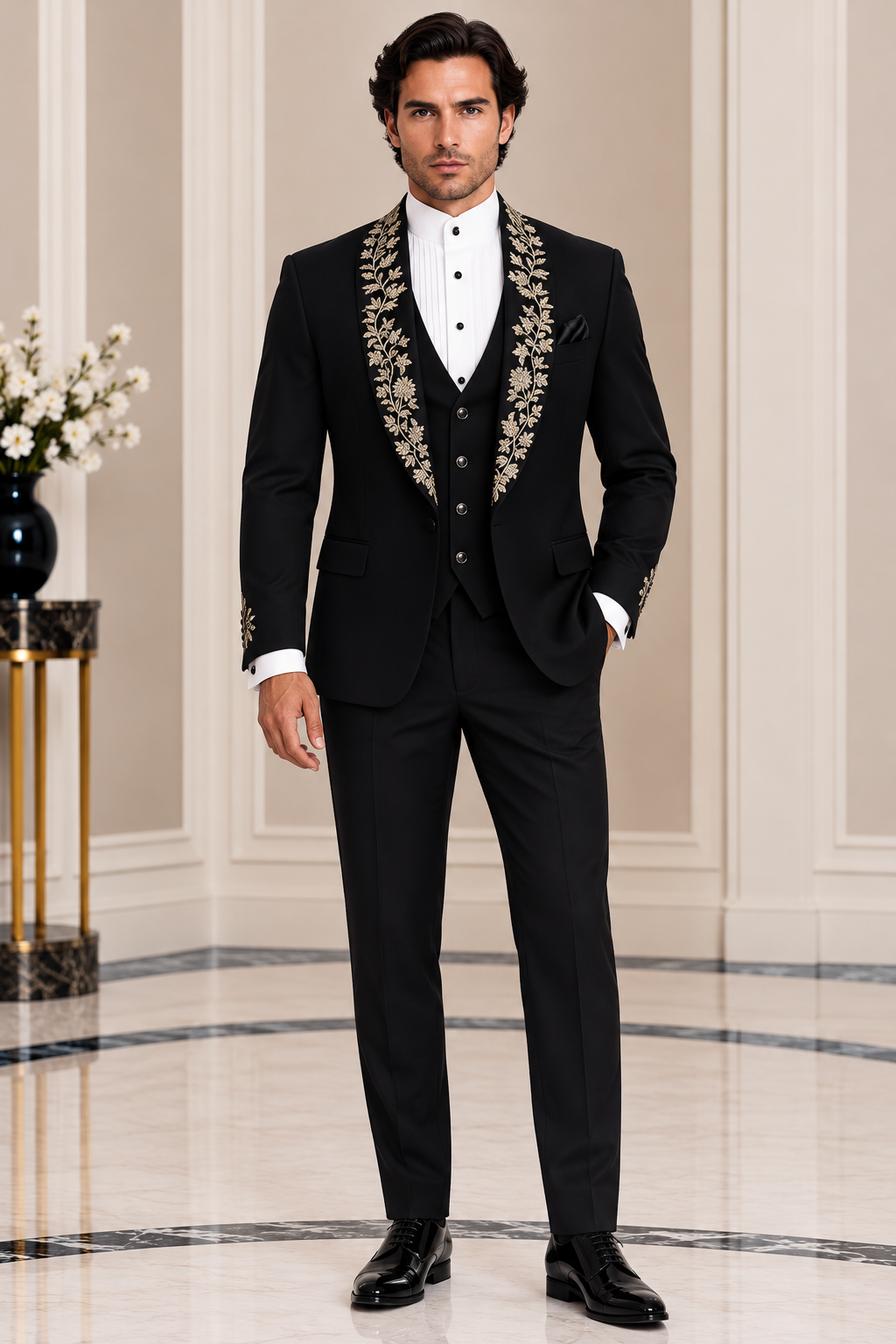 Lapel and Cuff Embroidered Three-Piece Suit