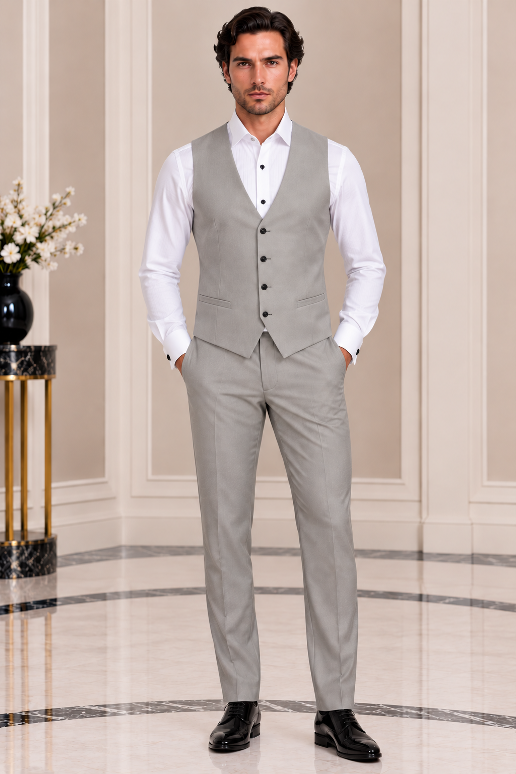 Grey Black Botanical Embroidered Three-Piece Suit