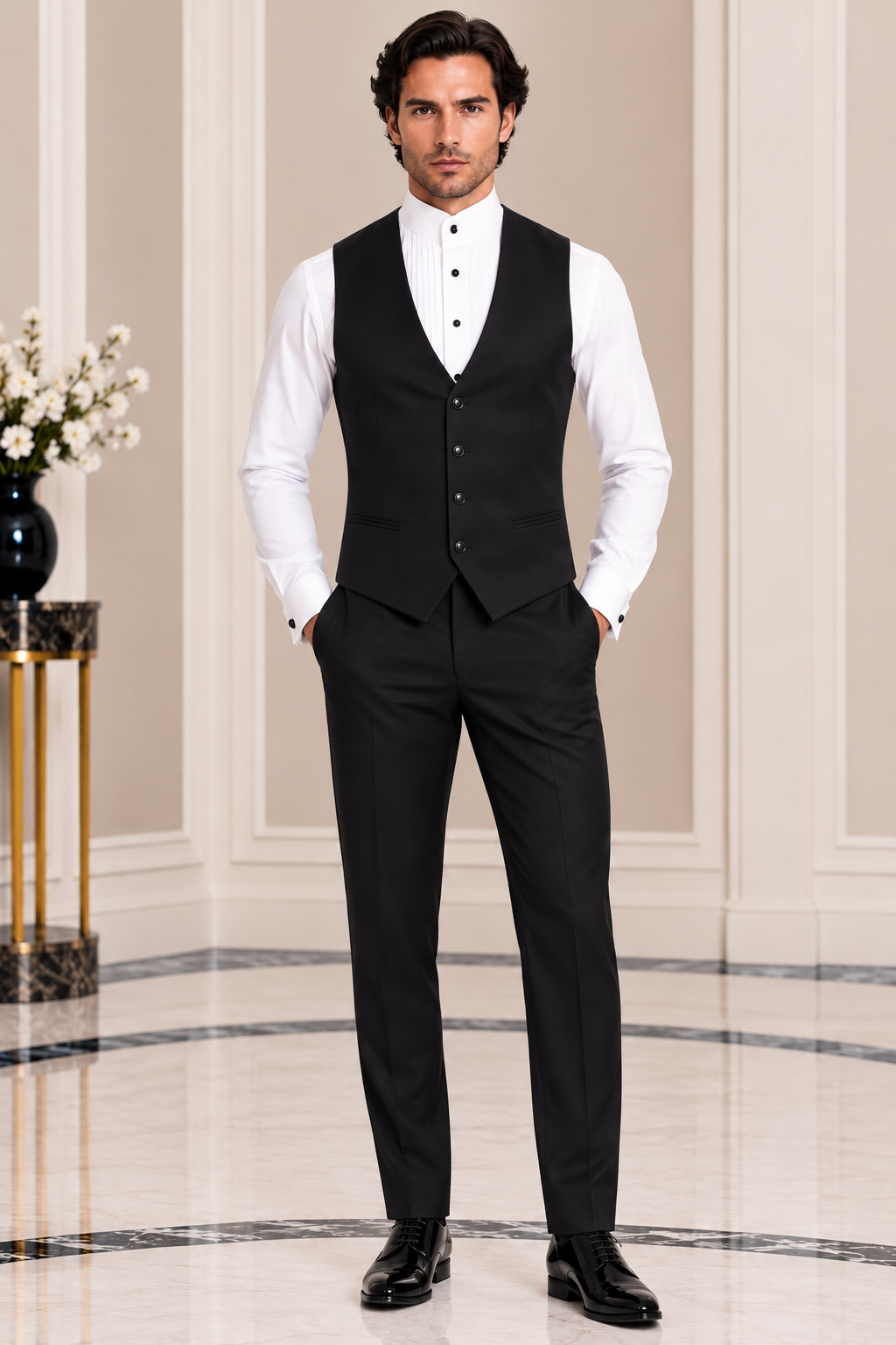 Lapel and Cuff Embroidered Three-Piece Suit