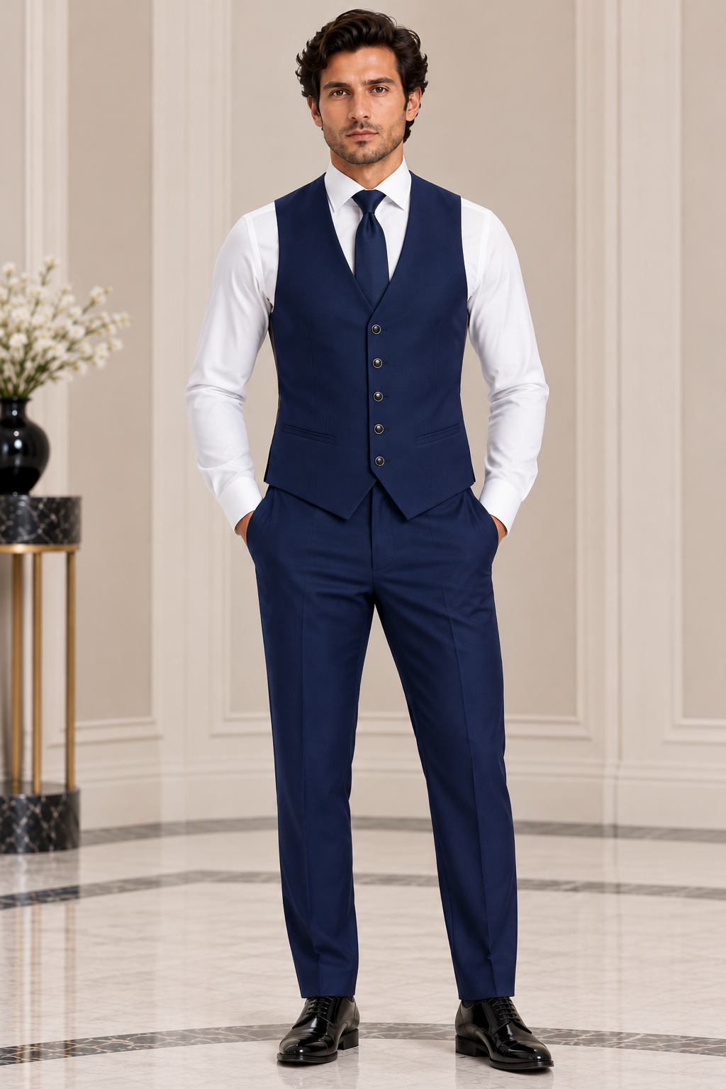 Navy Blue 1 Asymmetric Floral Embroidered Three-Piece Suit