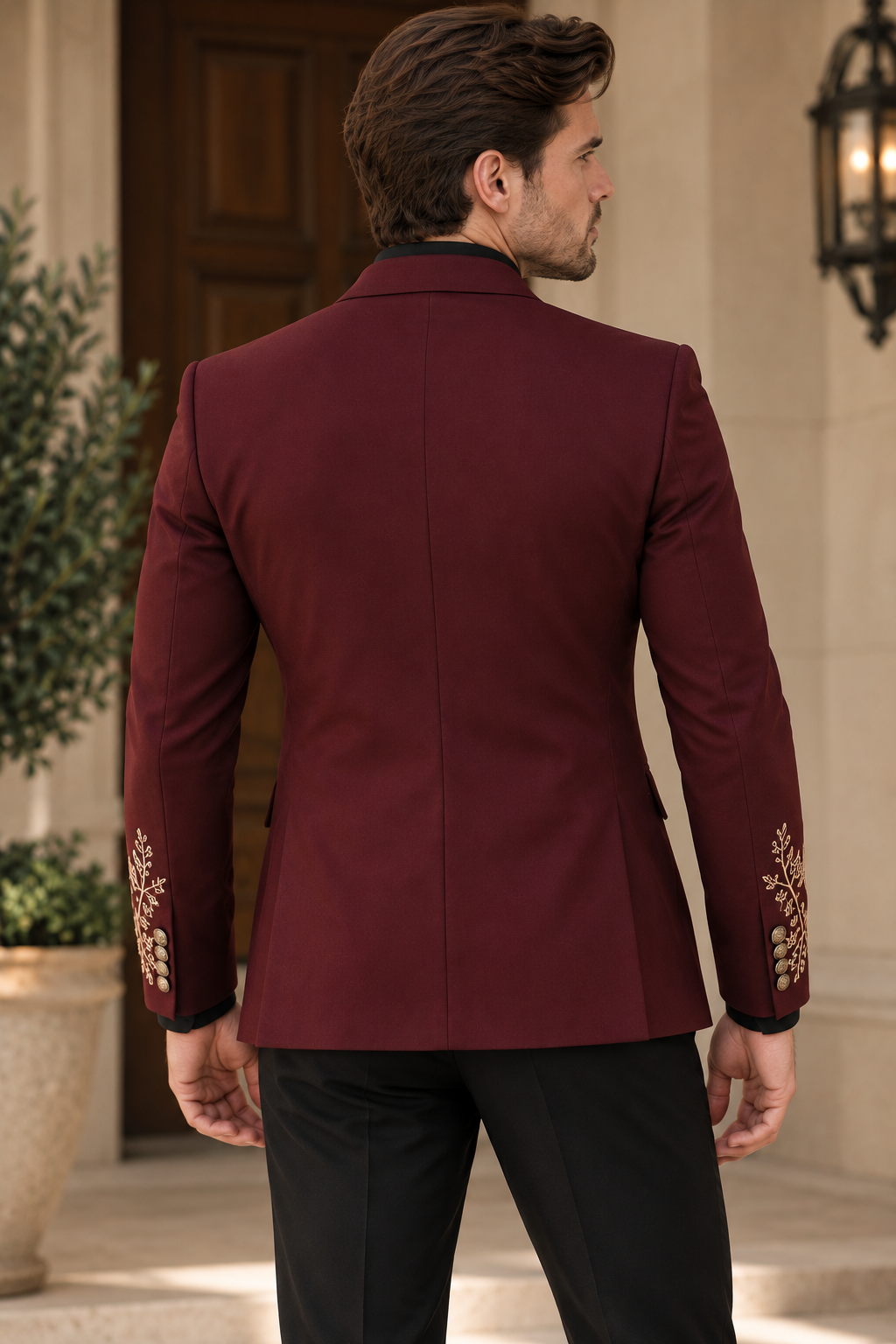 Burgundy Gold Botanical Embroidered Blazer