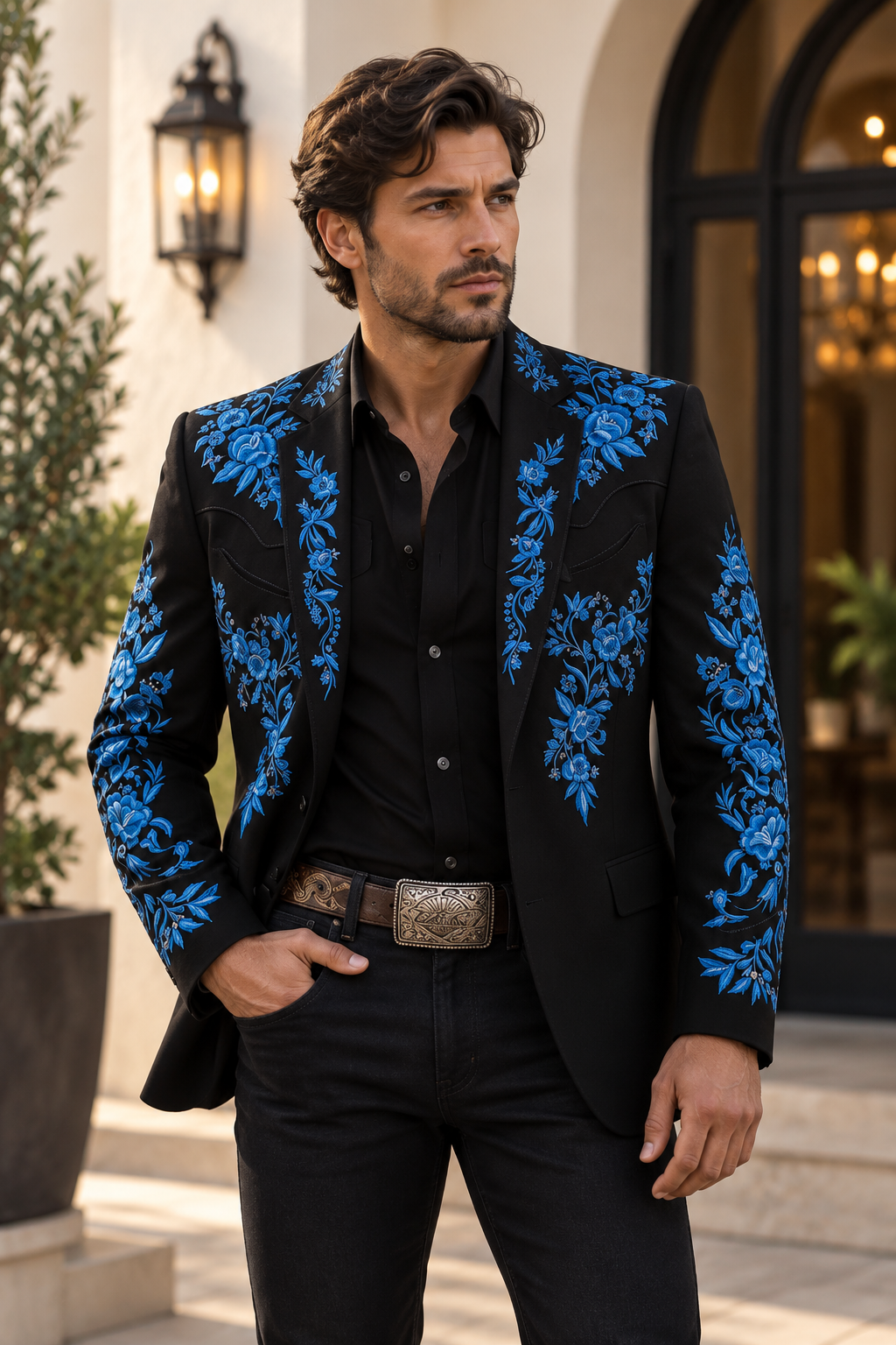 Black Blue Floral Embroidered Blazer