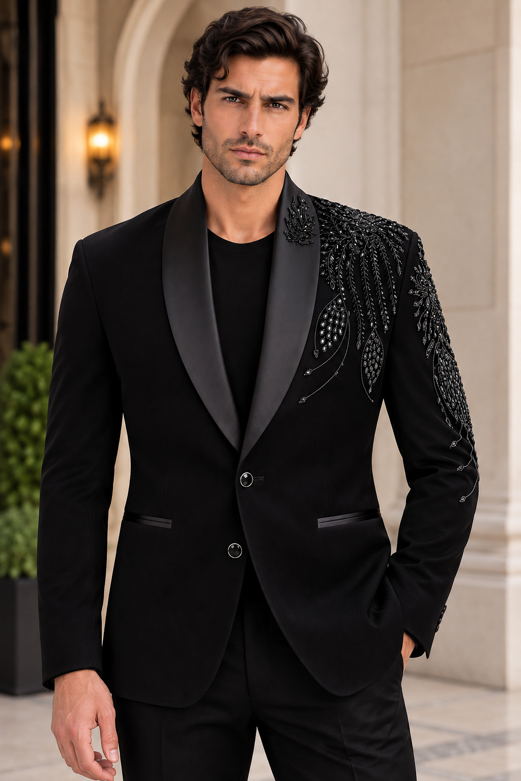 Black Tonal Leaf Embroidered Blazer Product Pack