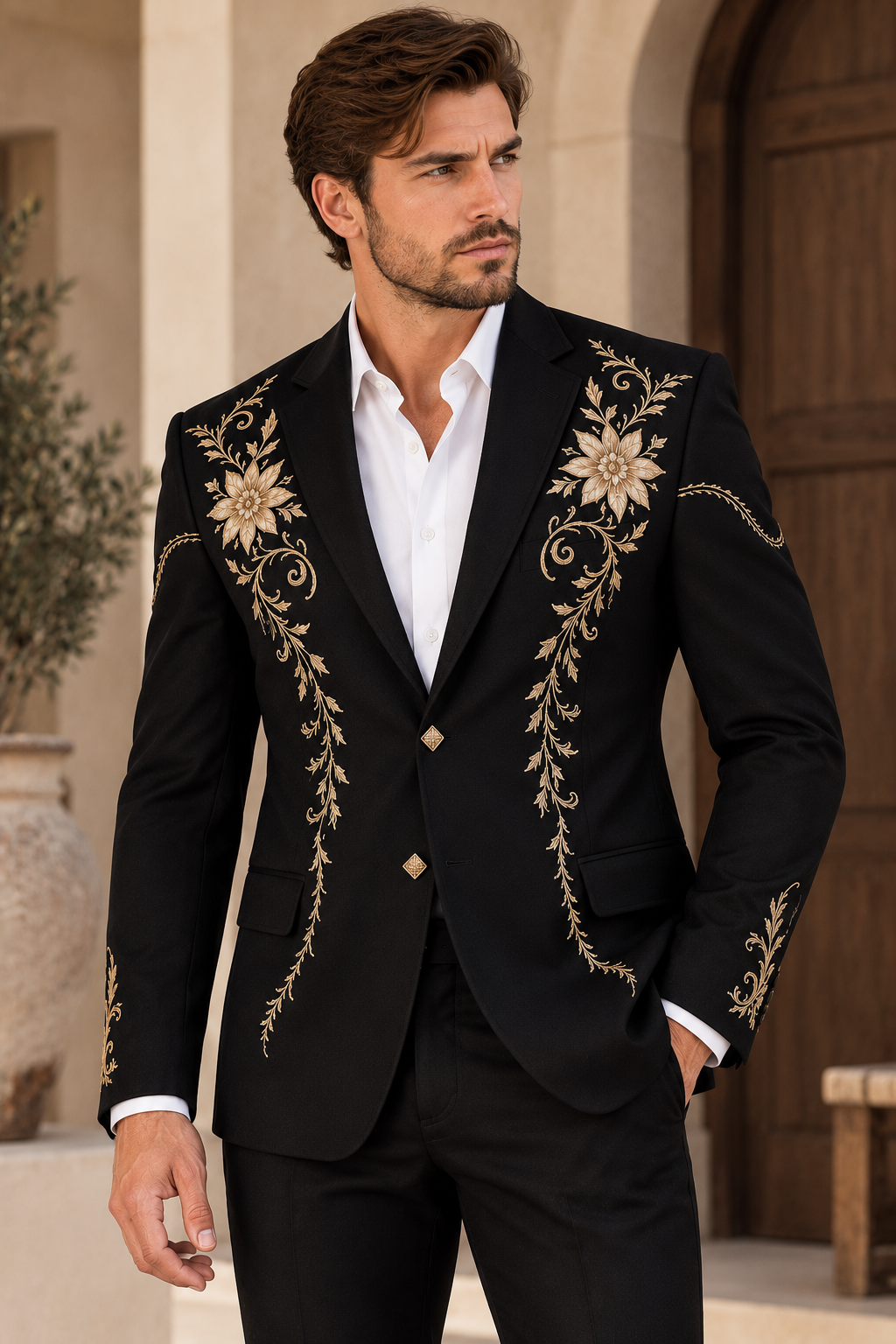 Black Gold Floral Vine Embroidered Blazer Product Packv