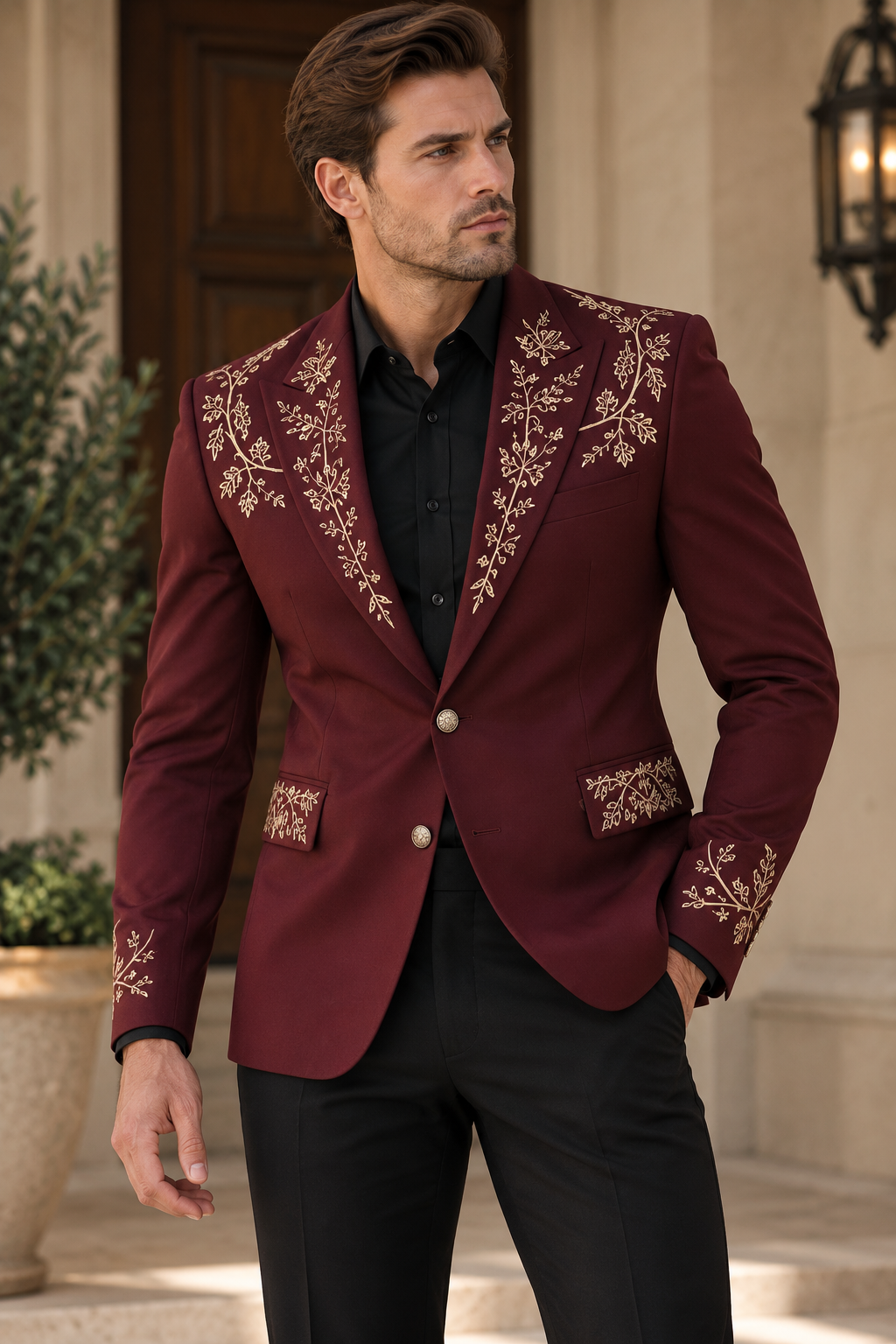 Burgundy Gold Botanical Embroidered Blazer