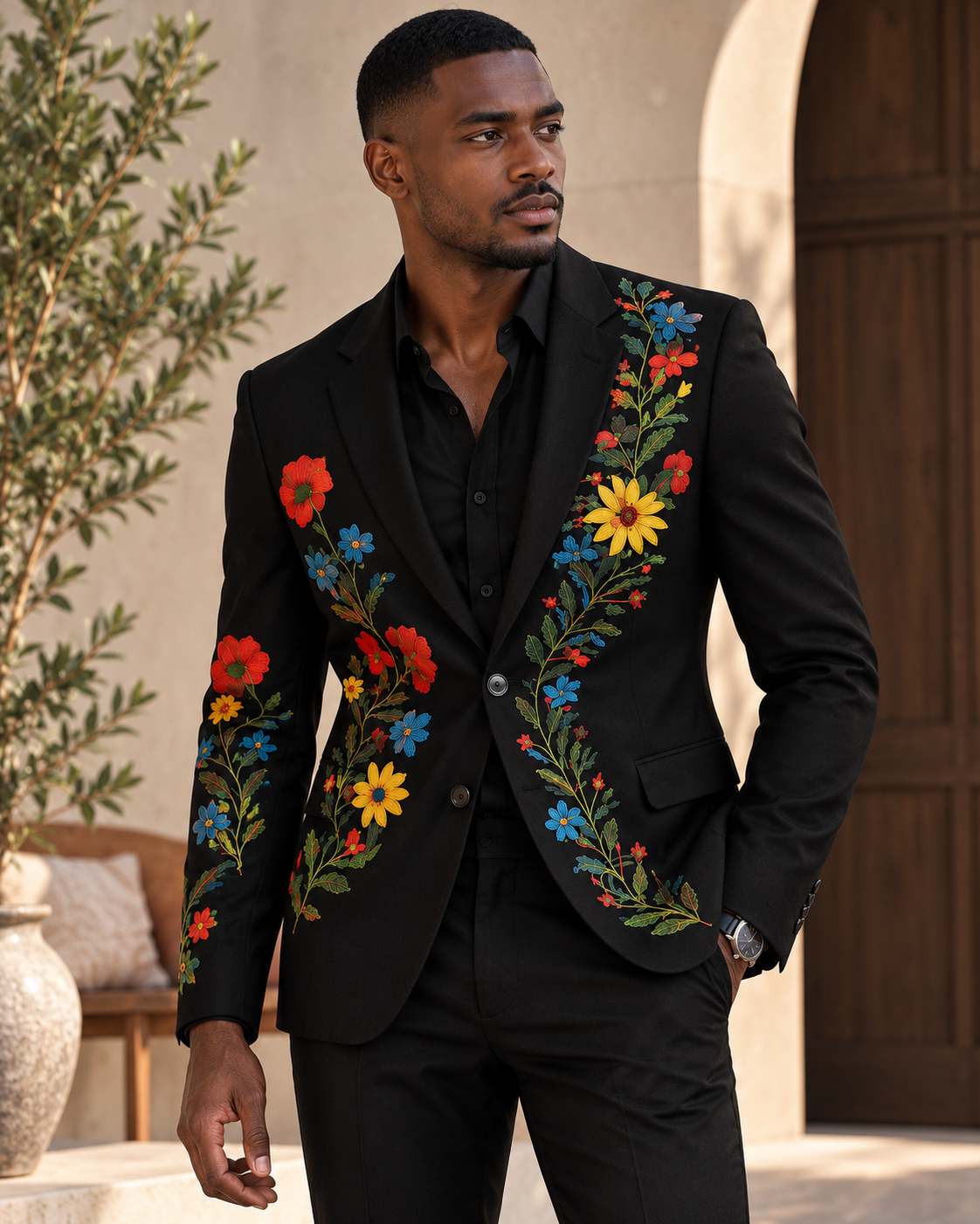 Black Multicolour Floral Embroidered Blazer