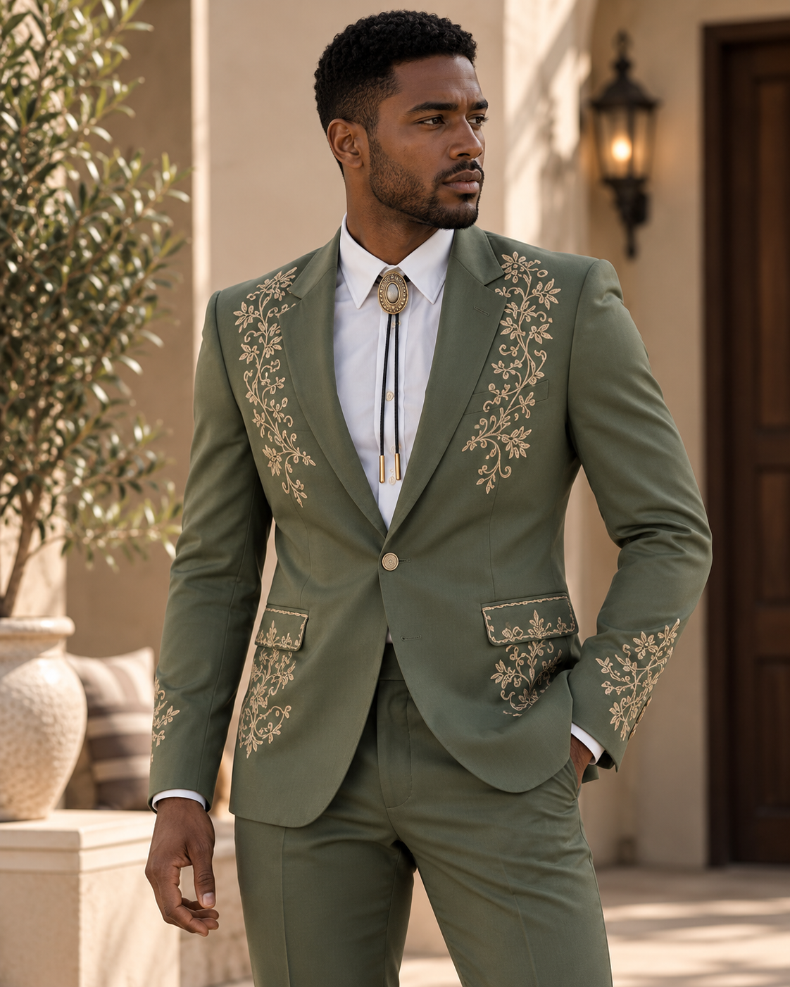 Sage Green Gold Botanical Embroidered Blazer