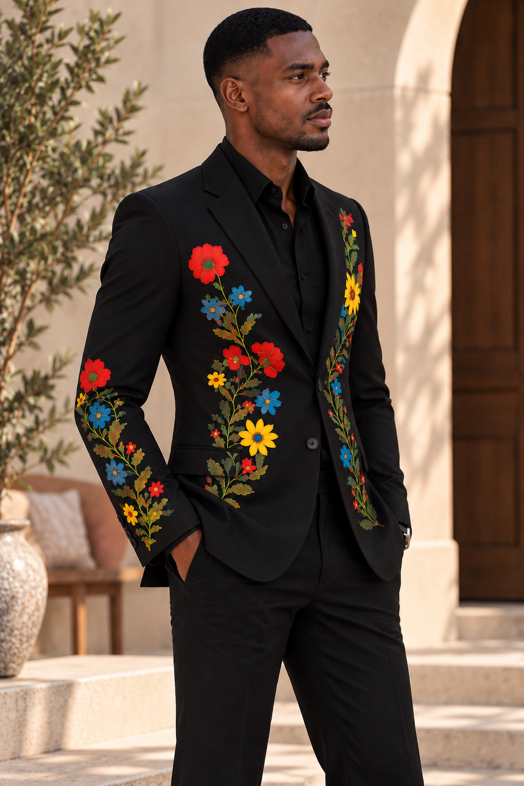 Black Multicolour Floral Embroidered Blazer