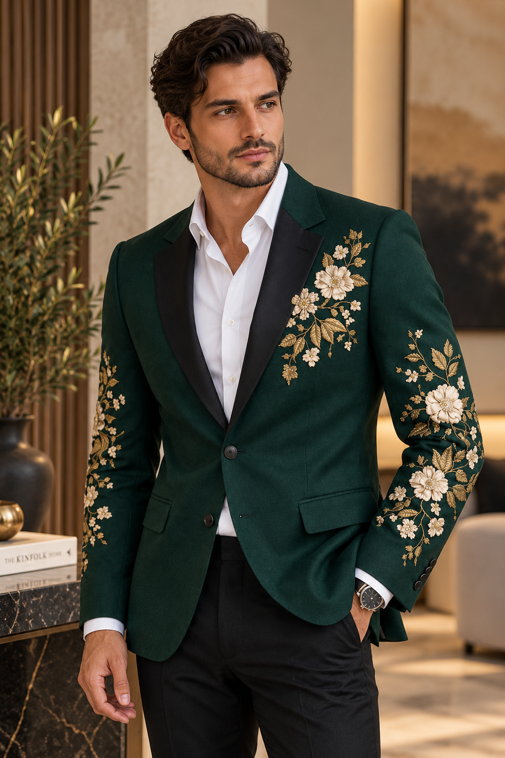 Dark Green Cream Floral Embroidered Blazer